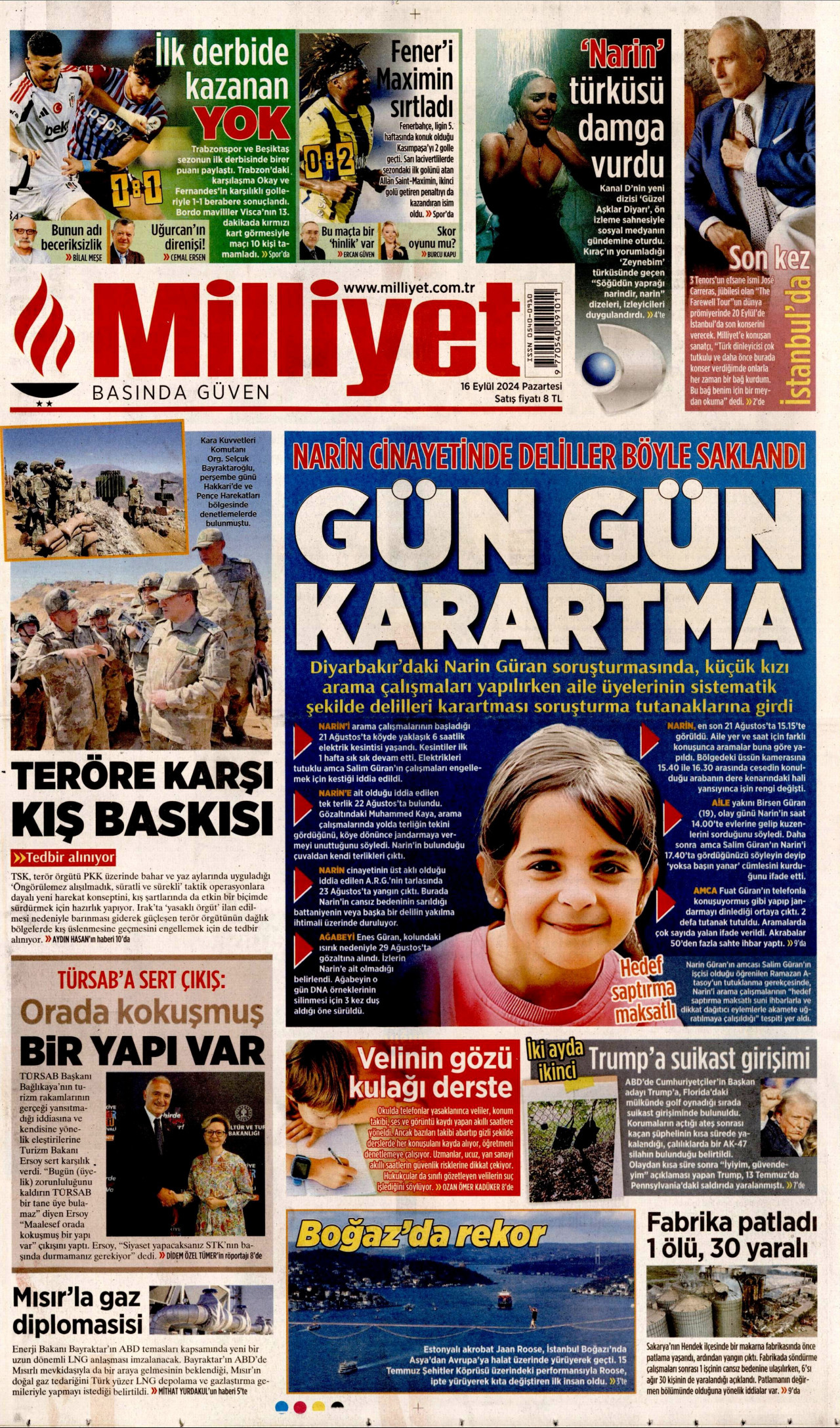 MİLLİYET gazetesinin 16 Eylül 2024 tarihli birinci sayfası
