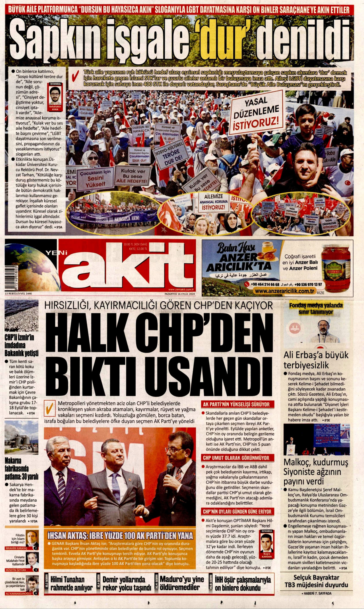 YENİ AKİT gazetesinin 16 Eylül 2024 tarihli birinci sayfası