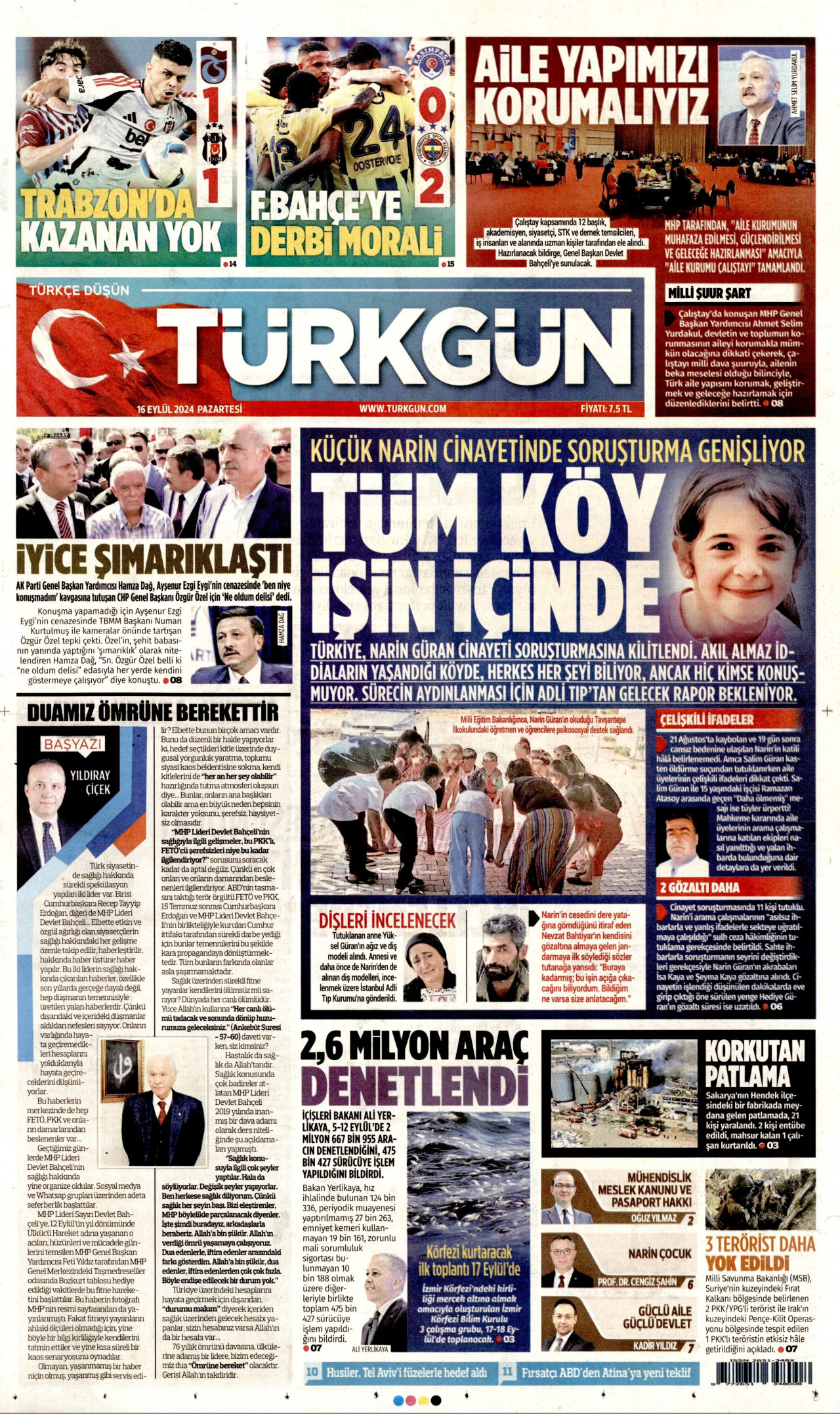 TÜRKGÜN gazetesinin 16 Eylül 2024 tarihli birinci sayfası