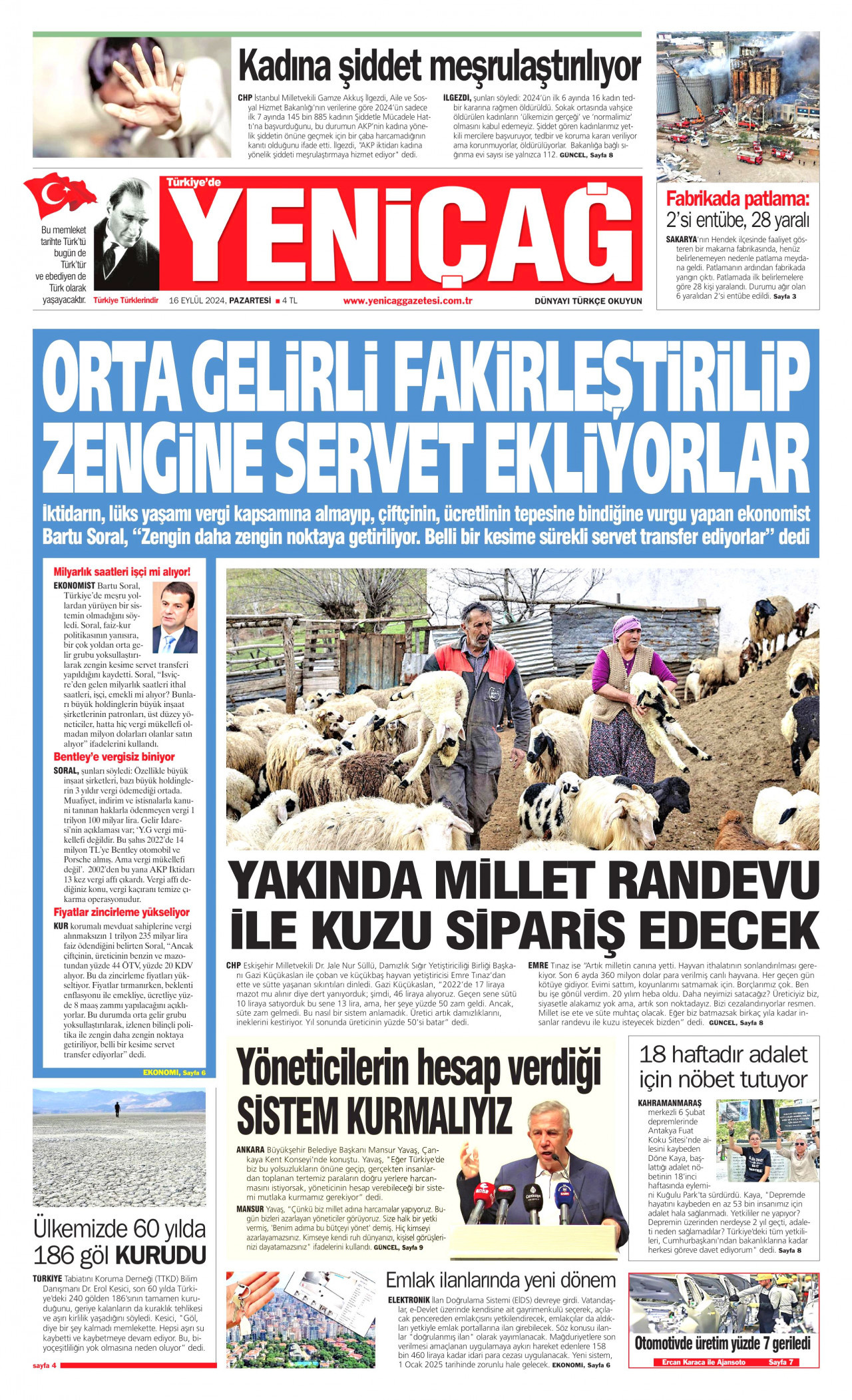 YENİÇAĞ gazetesinin 16 Eylül 2024 tarihli birinci sayfası