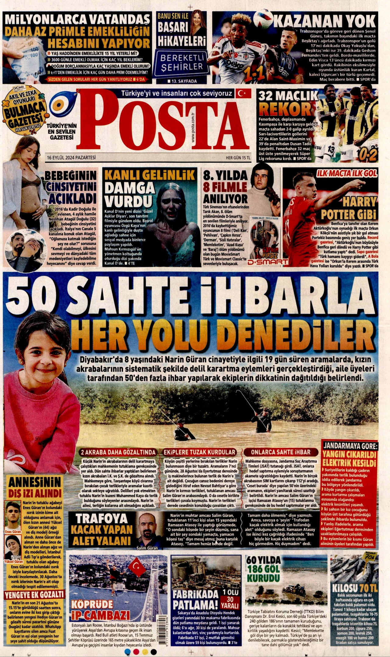 POSTA gazetesinin 16 Eylül 2024 tarihli birinci sayfası