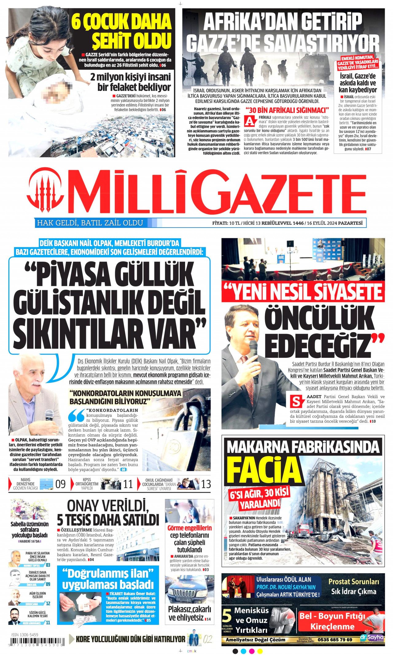 MİLLİ GAZETE gazetesinin 16 Eylül 2024 tarihli birinci sayfası