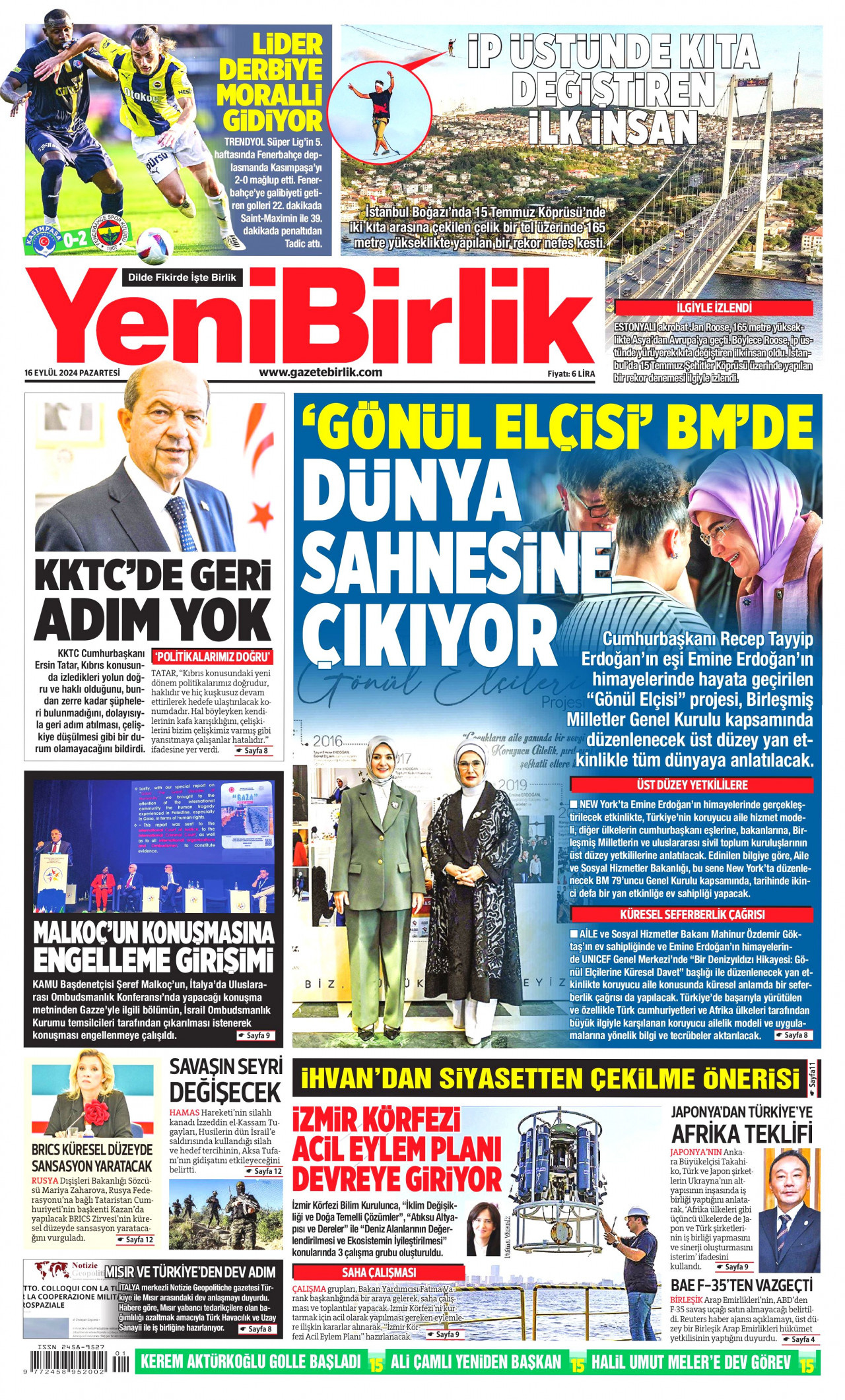 YENİBİRLİK gazetesinin 16 Eylül 2024 tarihli birinci sayfası