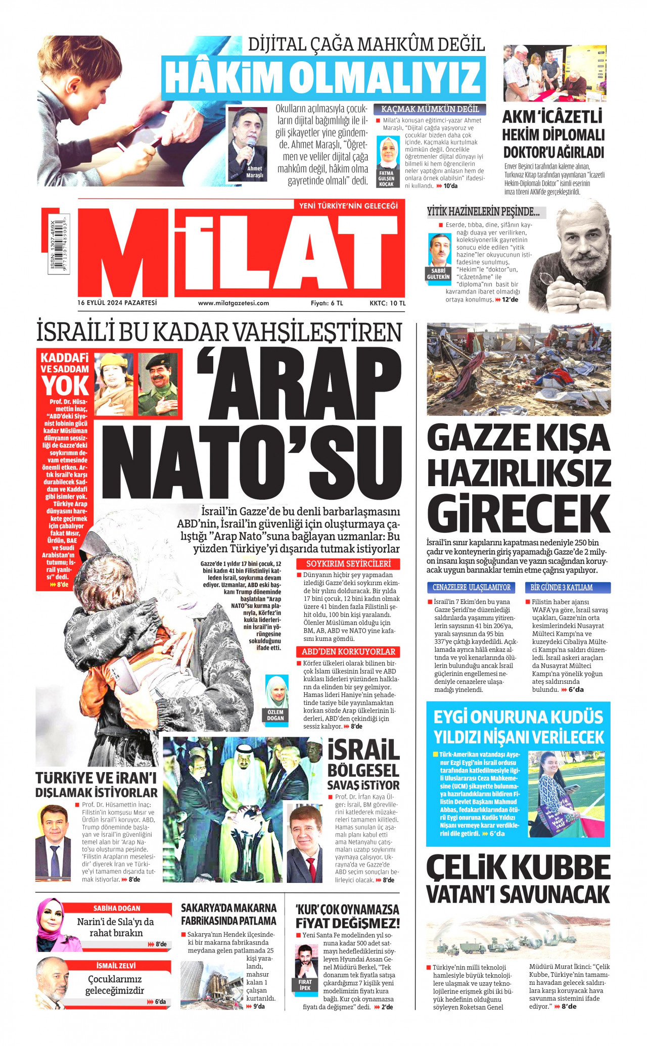 MİLAT gazetesinin 16 Eylül 2024 tarihli birinci sayfası