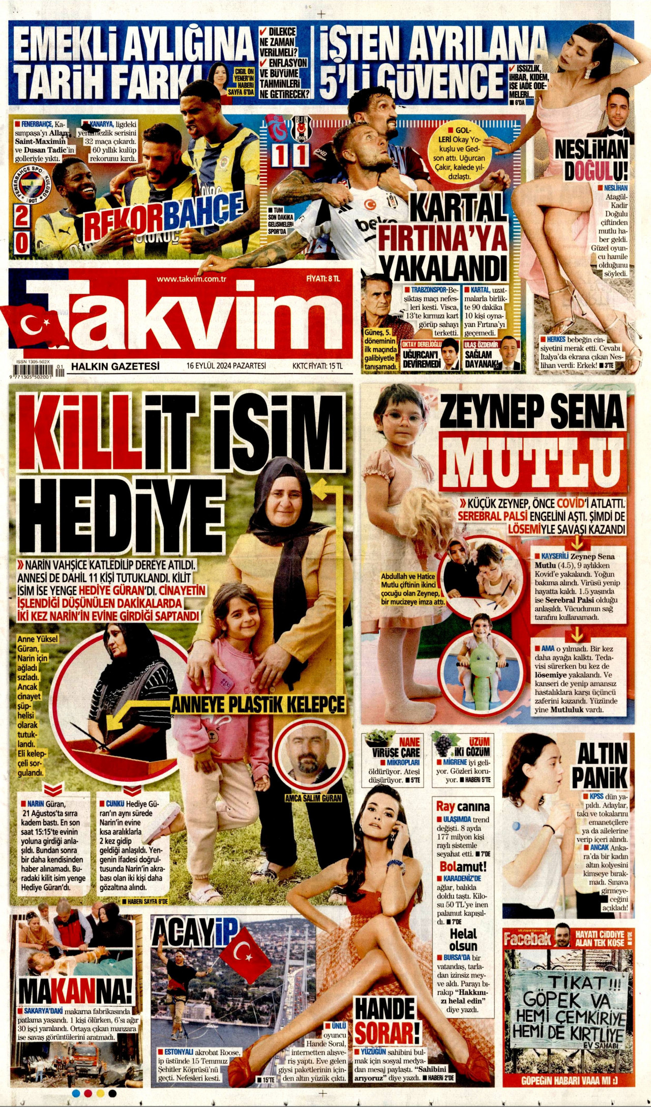 TAKVİM gazetesinin 16 Eylül 2024 tarihli birinci sayfası