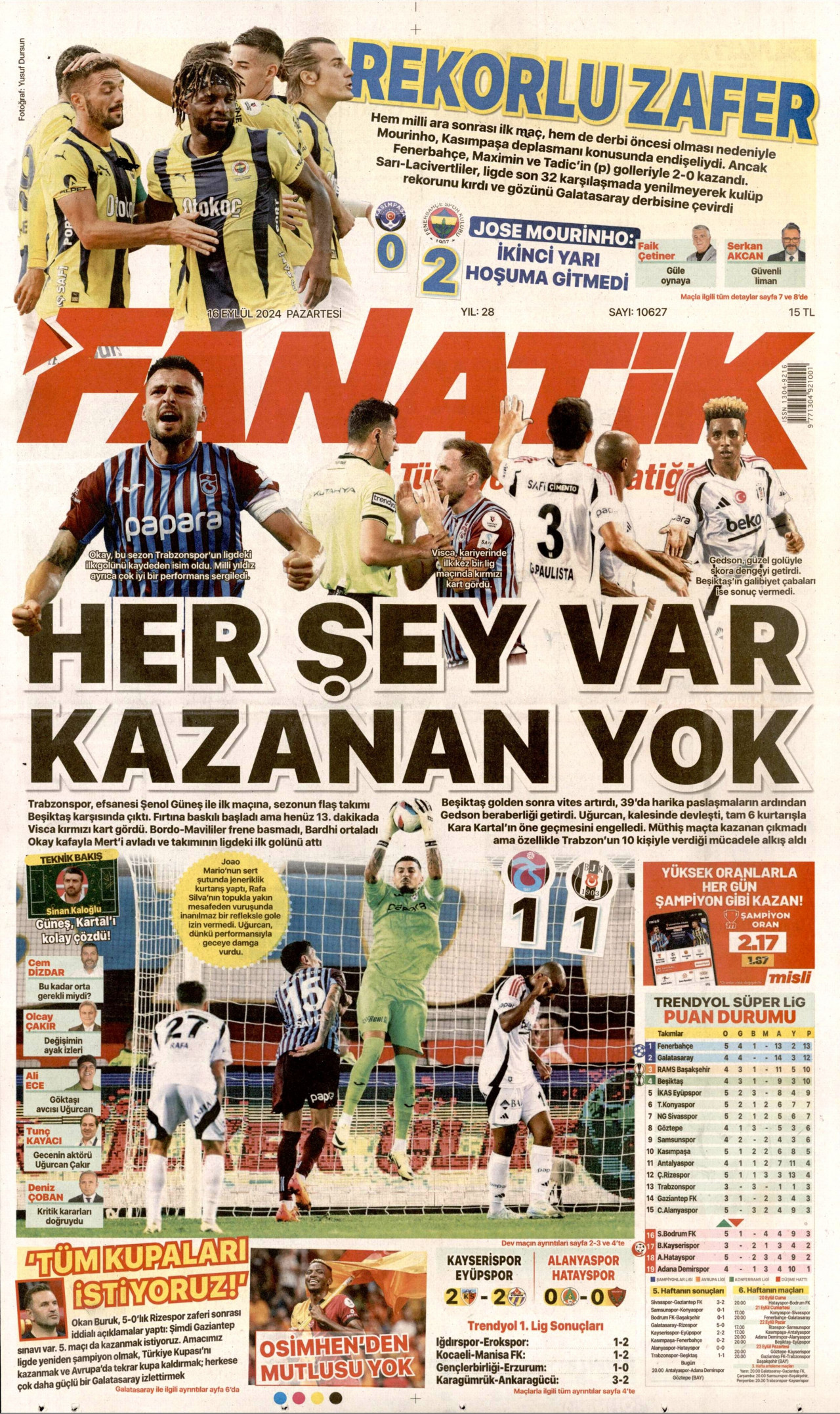 FANATİK gazetesinin 16 Eylül 2024 tarihli birinci sayfası
