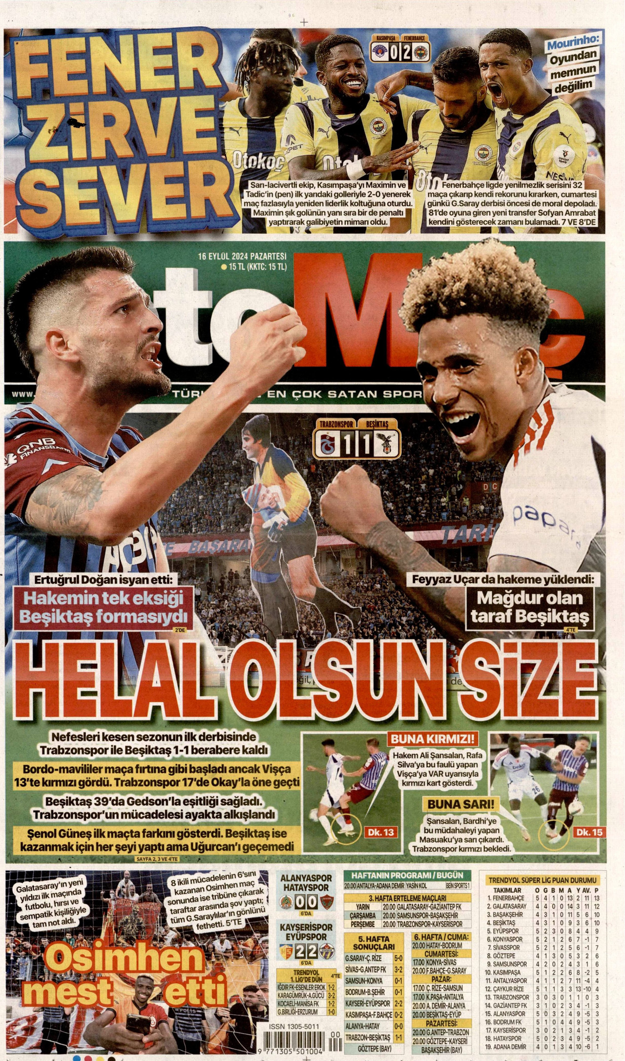 FOTOMAÇ gazetesinin 16 Eylül 2024 tarihli birinci sayfası