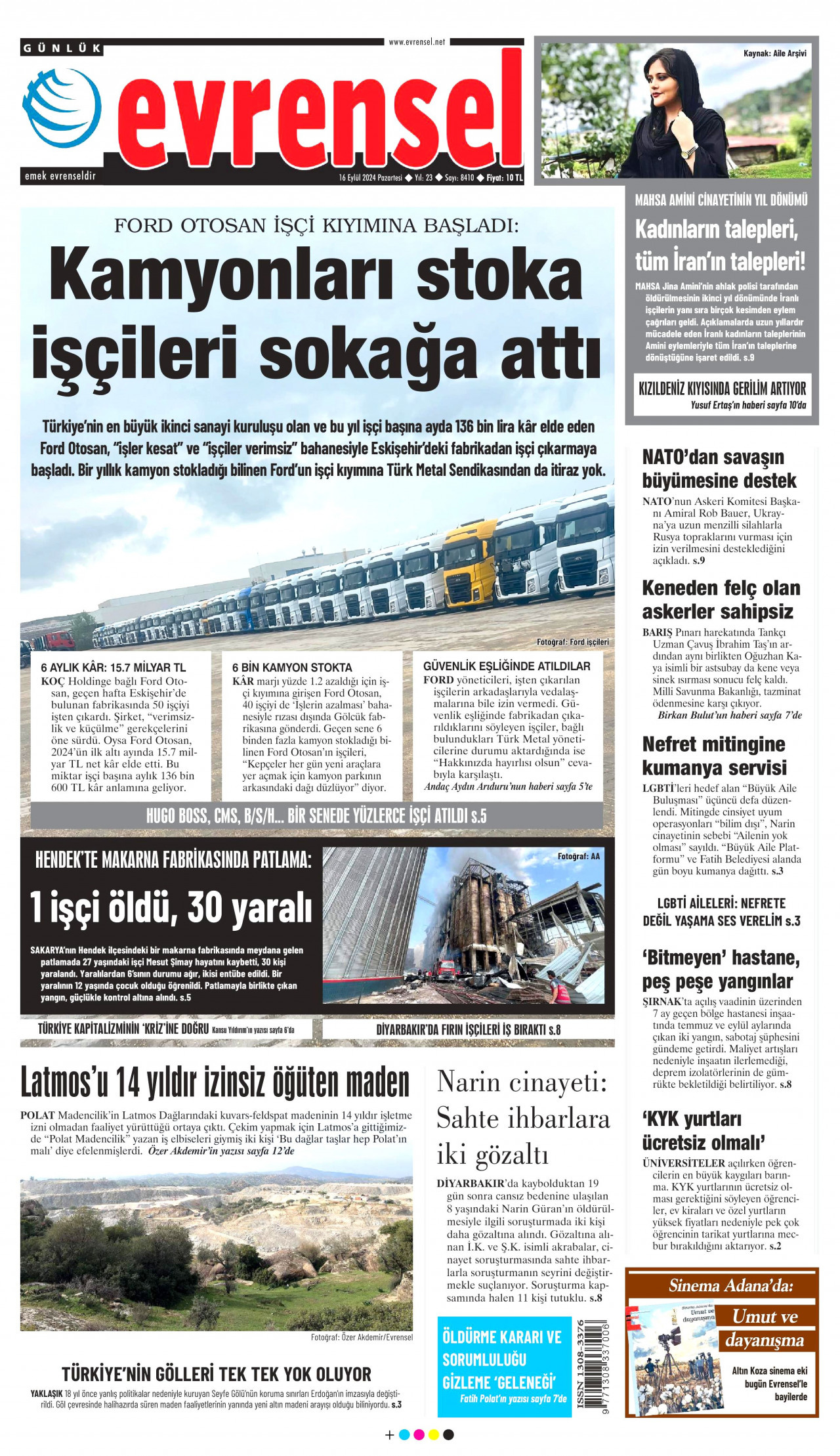 EVRENSEL gazetesinin 16 Eylül 2024 tarihli birinci sayfası