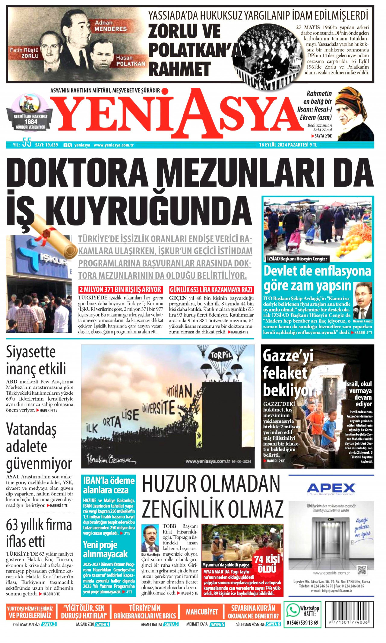 YENİ ASYA gazetesinin 16 Eylül 2024 tarihli birinci sayfası