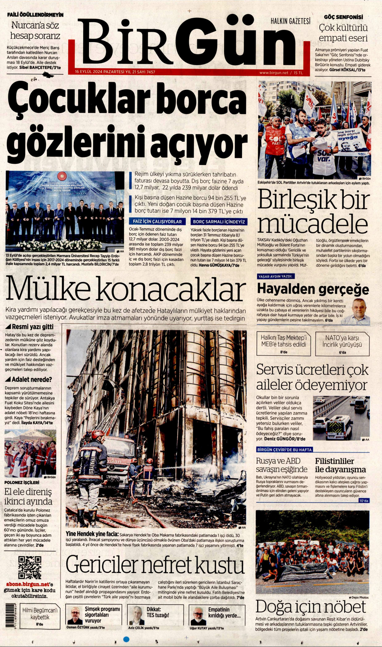 BİRGÜN gazetesinin 16 Eylül 2024 tarihli birinci sayfası