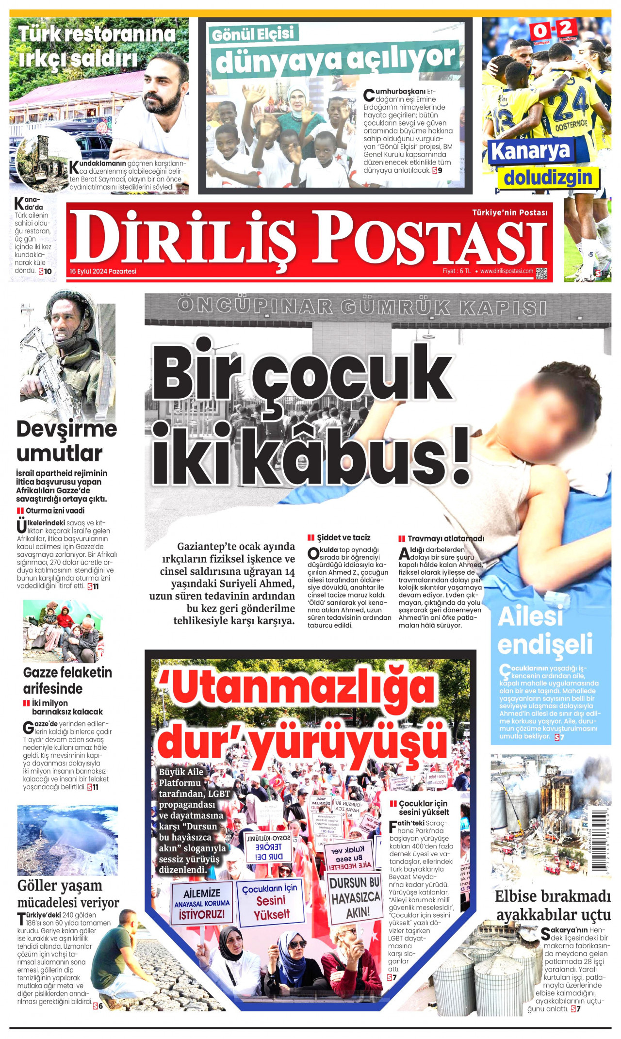 DİRİLİŞ POSTASI gazetesinin 16 Eylül 2024 tarihli birinci sayfası