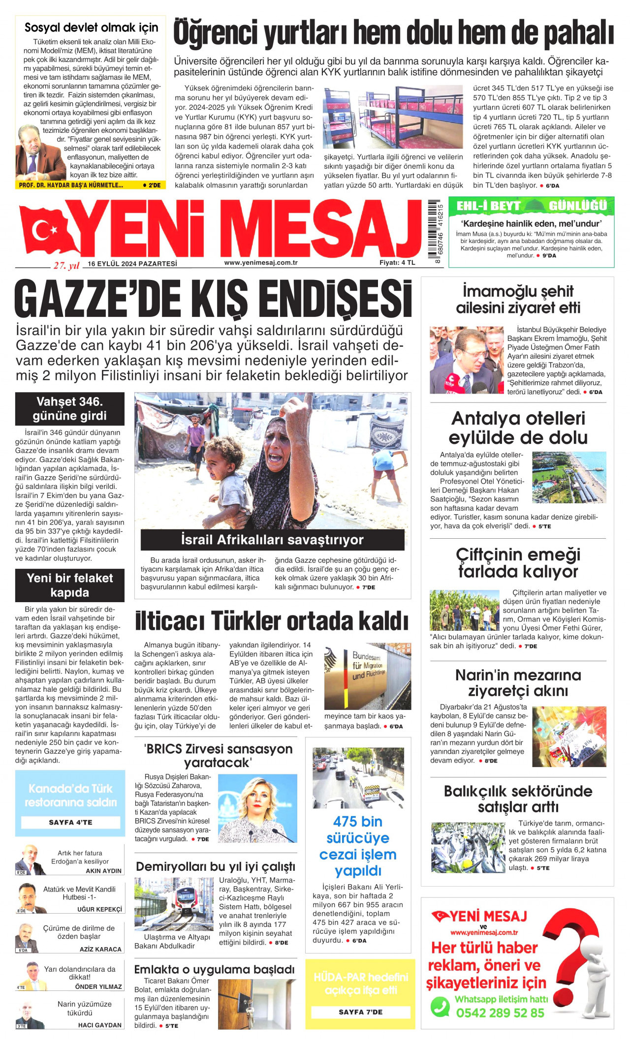 YENİ MESAJ gazetesinin 16 Eylül 2024 tarihli birinci sayfası