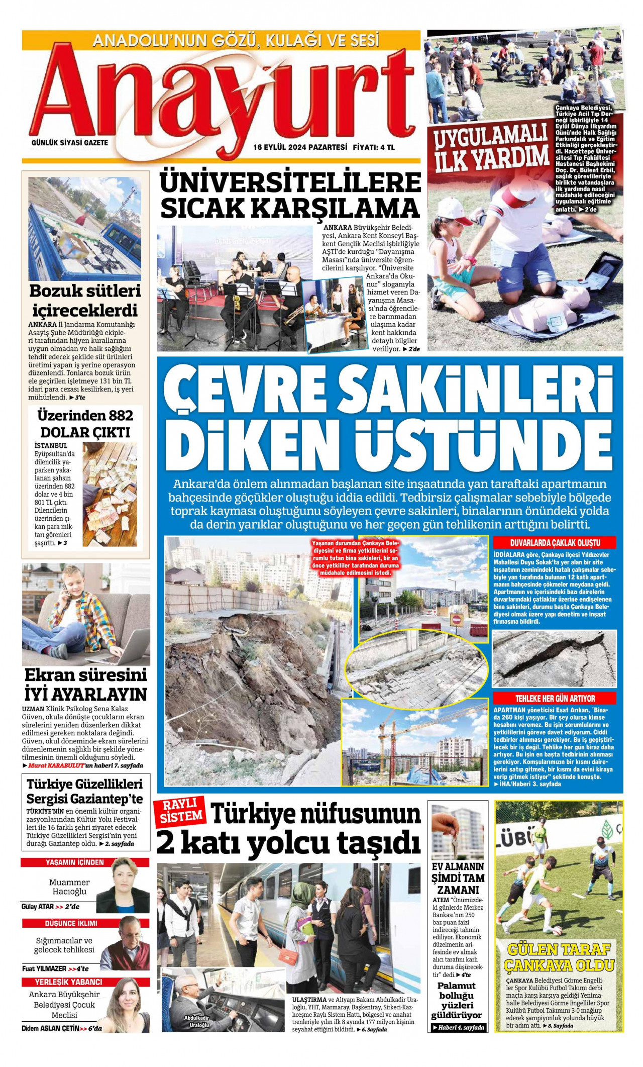 ANAYURT gazetesinin 16 Eylül 2024 tarihli birinci sayfası