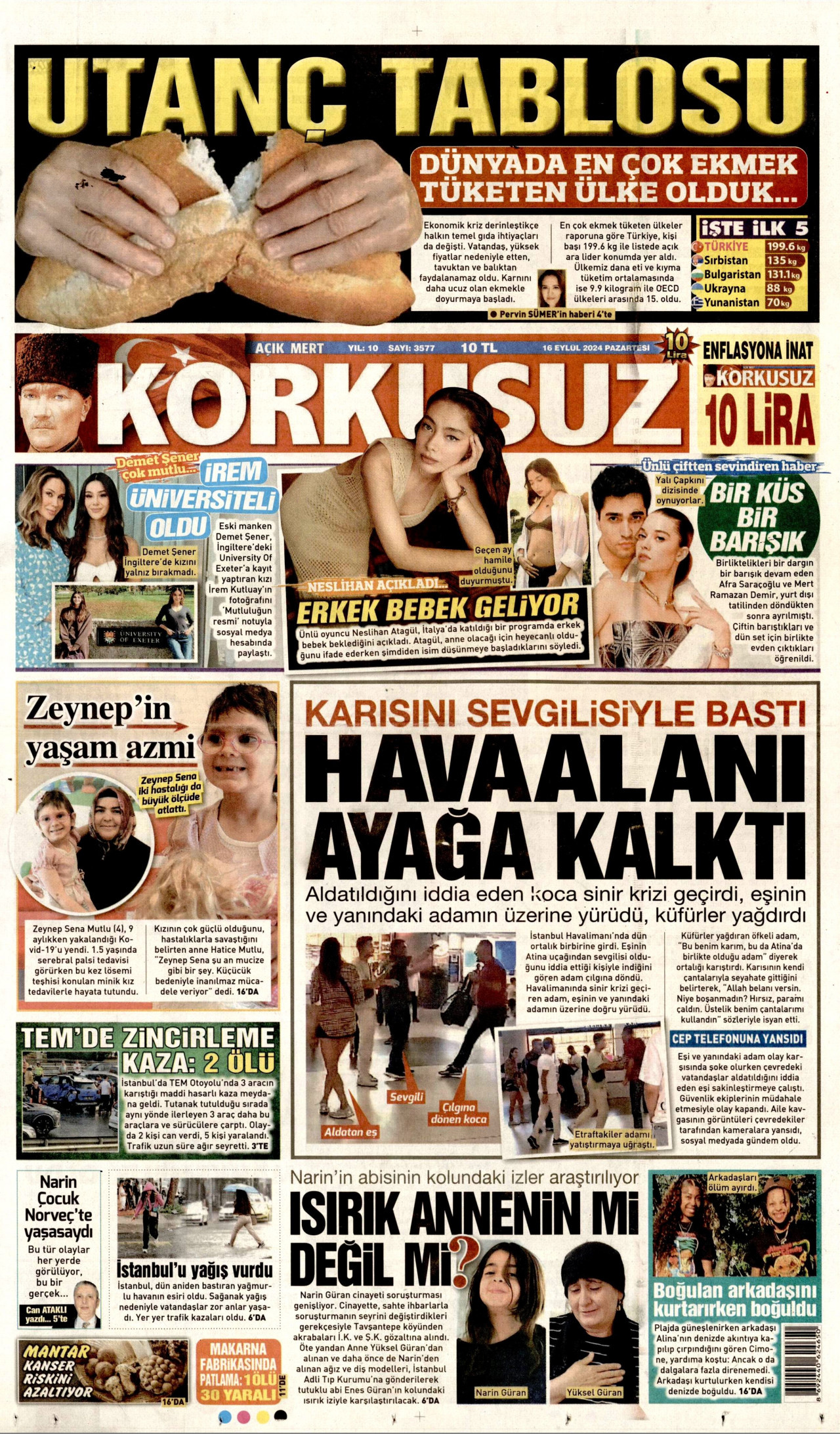 KORKUSUZ gazetesinin 16 Eylül 2024 tarihli birinci sayfası