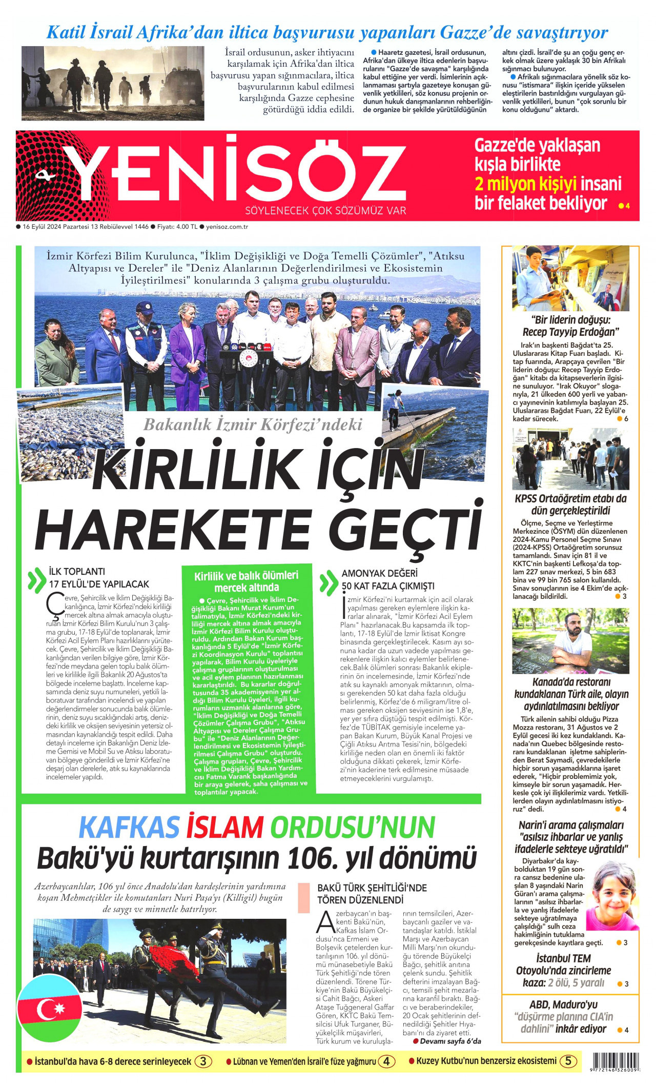 YENİ SÖZ GAZETESİ gazetesinin 16 Eylül 2024 tarihli birinci sayfası