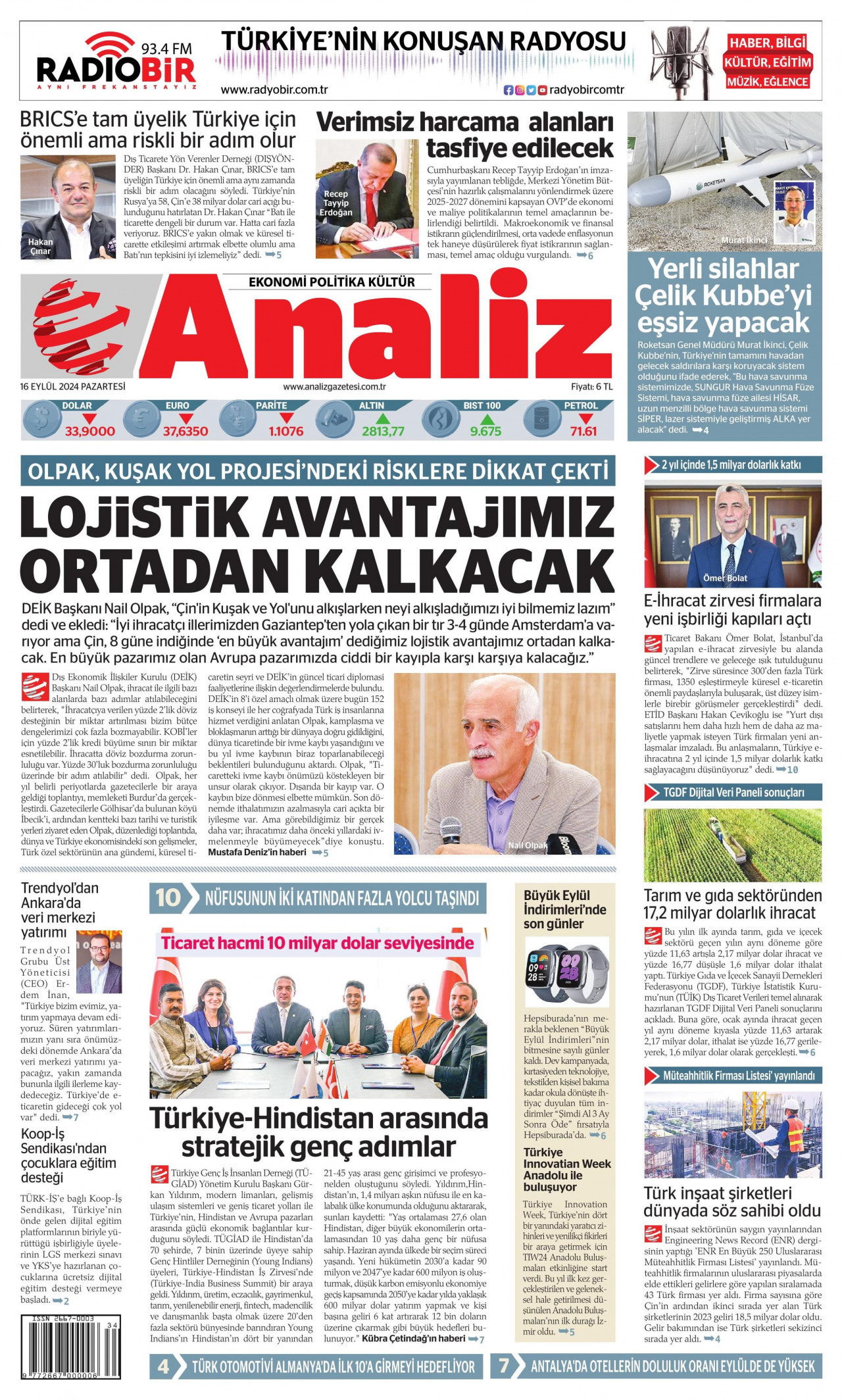 ANALİZ gazetesinin 16 Eylül 2024 tarihli birinci sayfası