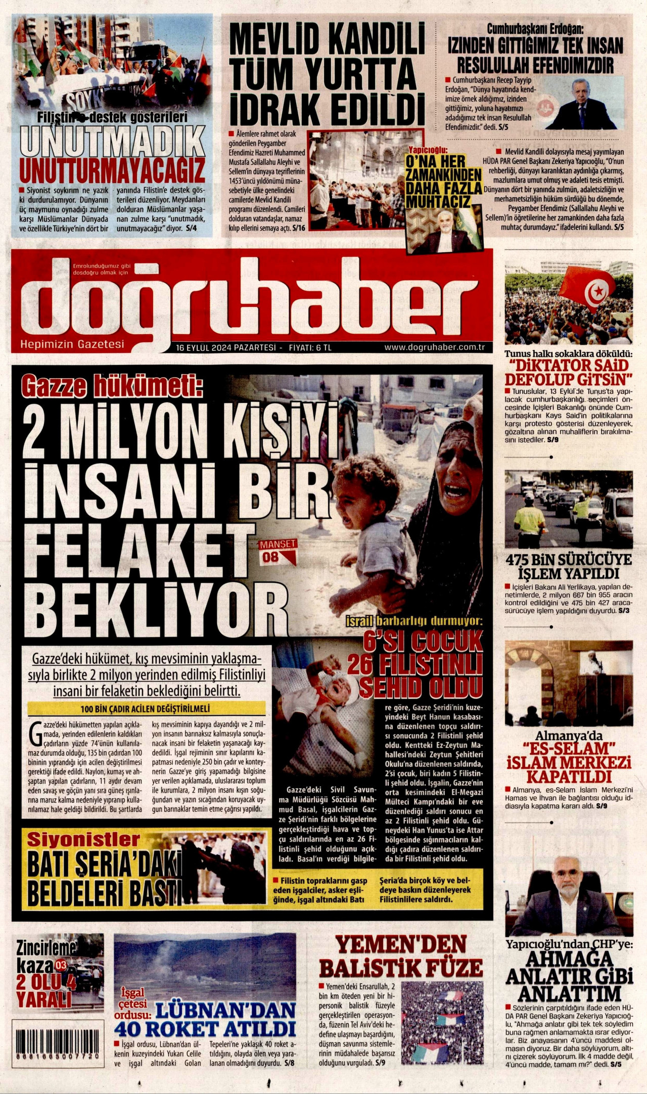 DOĞRU HABER gazetesinin 16 Eylül 2024 tarihli birinci sayfası