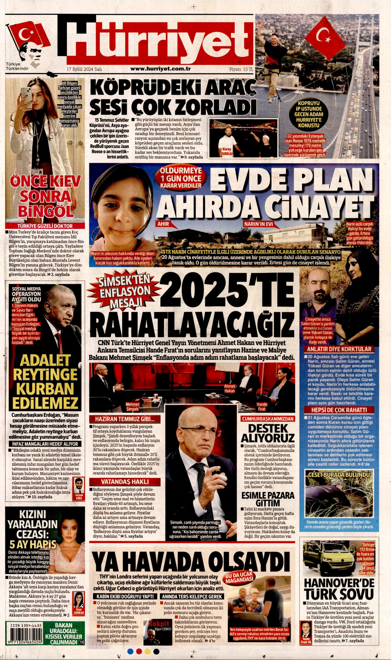 HÜRRİYET gazetesinin 17 Eylül 2024 tarihli birinci sayfası