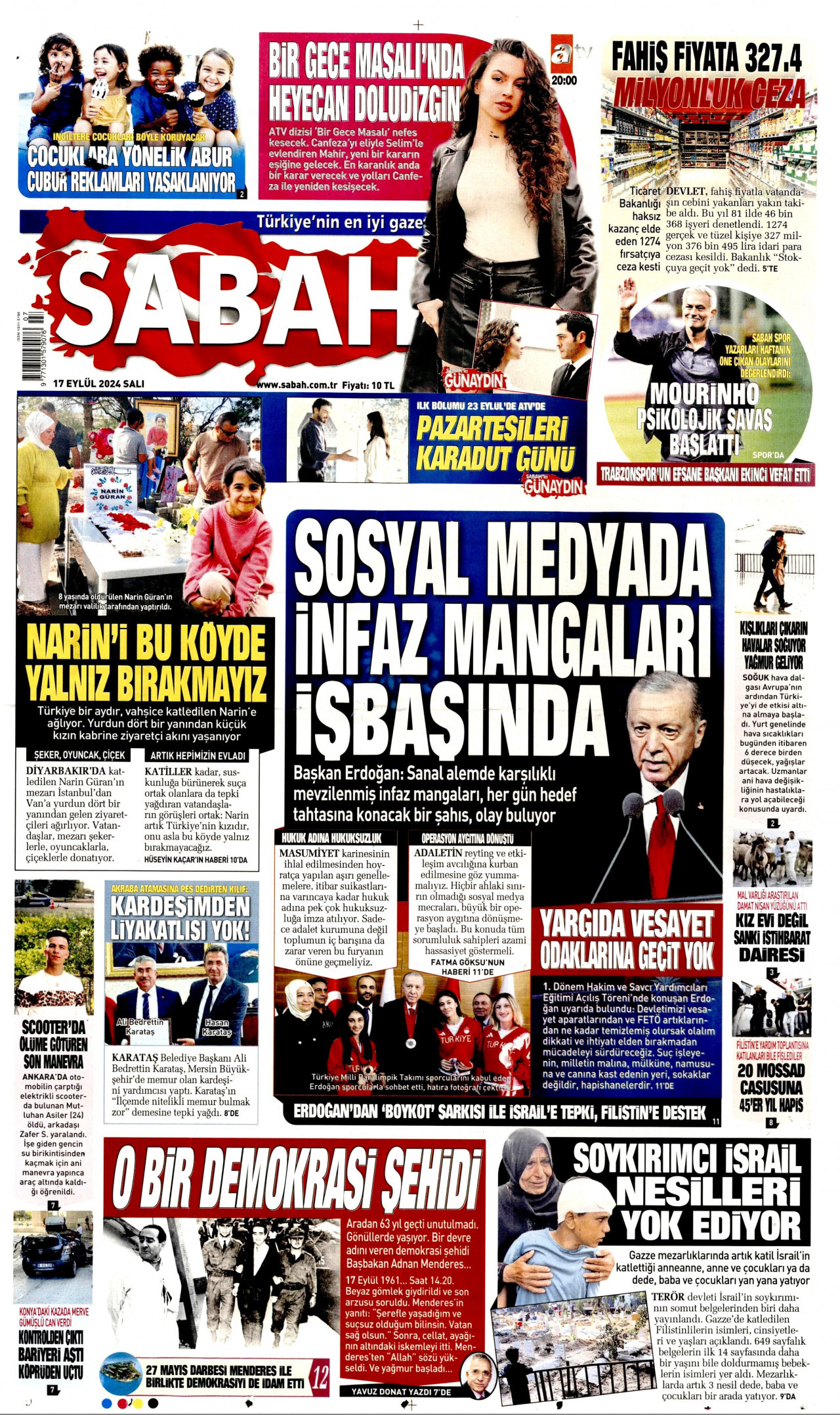 SABAH gazetesinin 17 Eylül 2024 tarihli birinci sayfası
