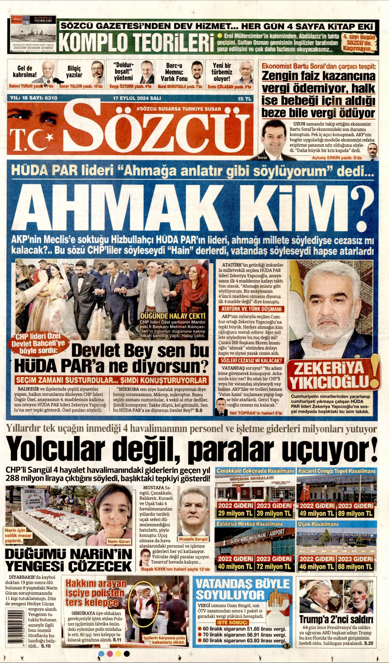 SÖZCÜ gazetesinin 17 Eylül 2024 tarihli birinci sayfası