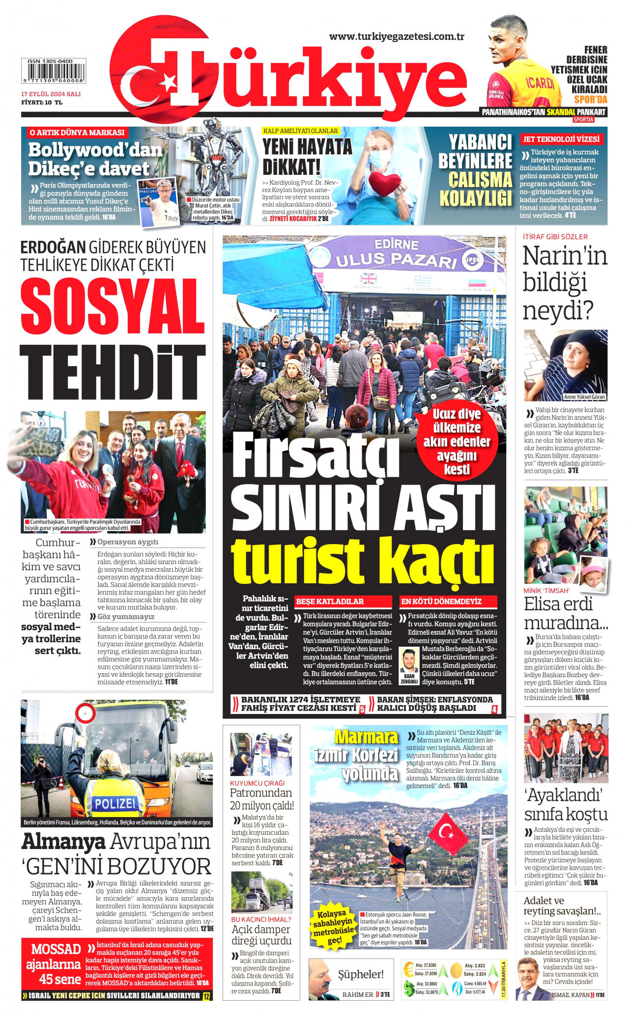TÜRKİYE GAZETESİ gazetesinin 17 Eylül 2024 tarihli birinci sayfası