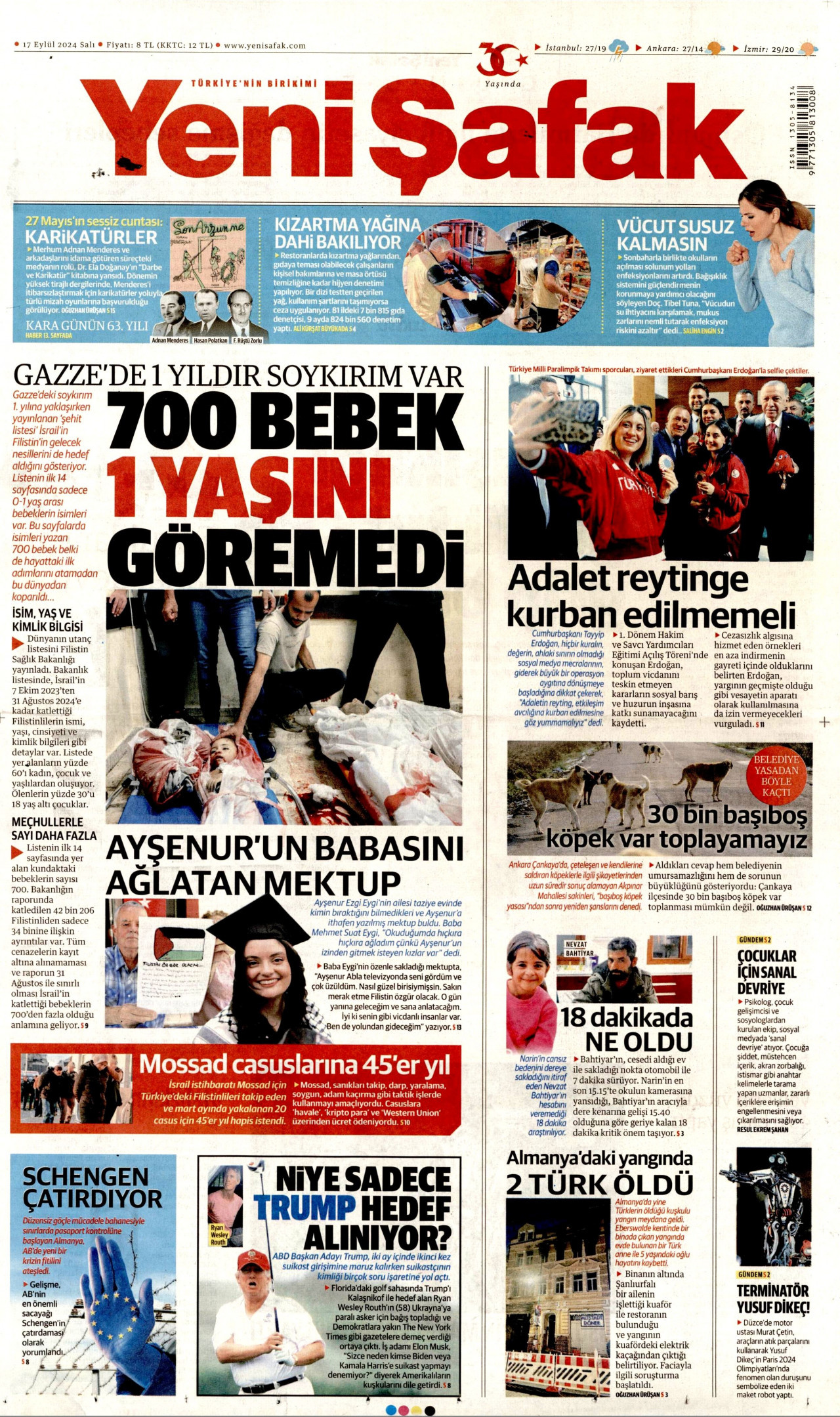 YENİ ŞAFAK gazetesinin 17 Eylül 2024 tarihli birinci sayfası
