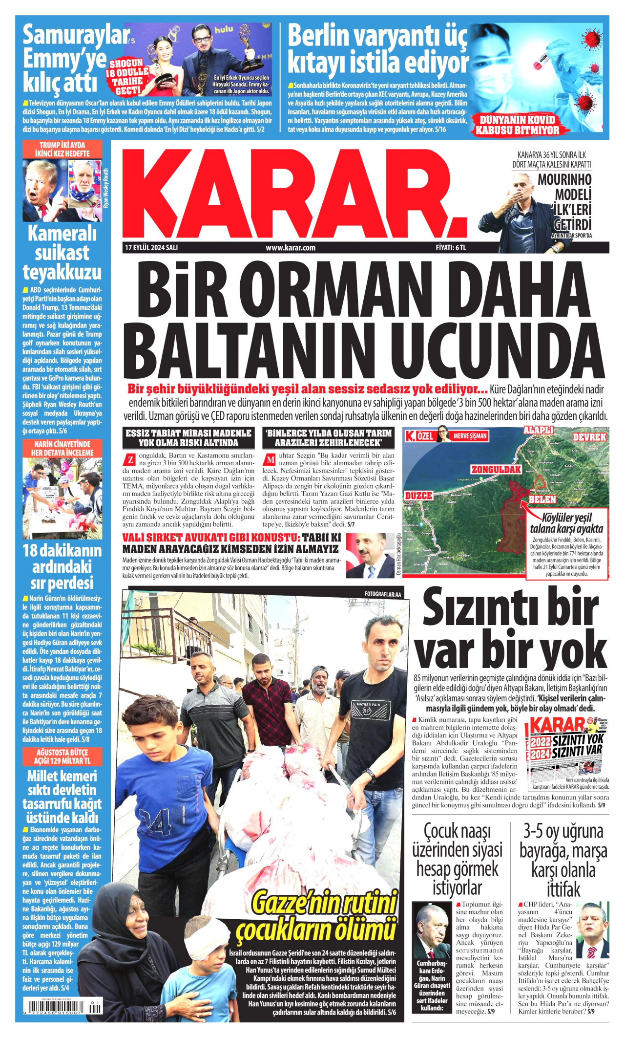 KARAR gazetesinin 17 Eylül 2024 tarihli birinci sayfası