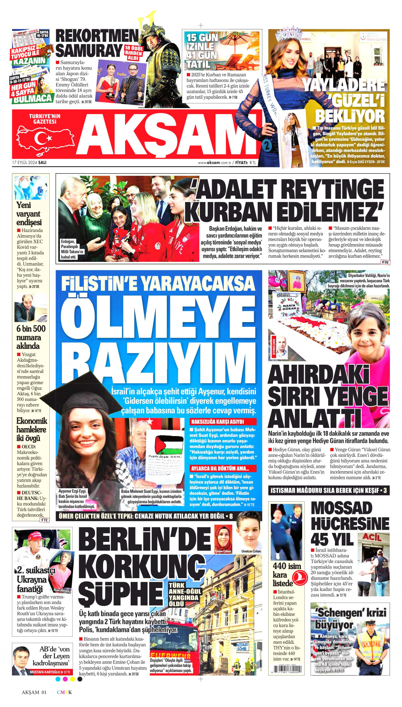 AKŞAM gazetesinin 17 Eylül 2024 tarihli birinci sayfası