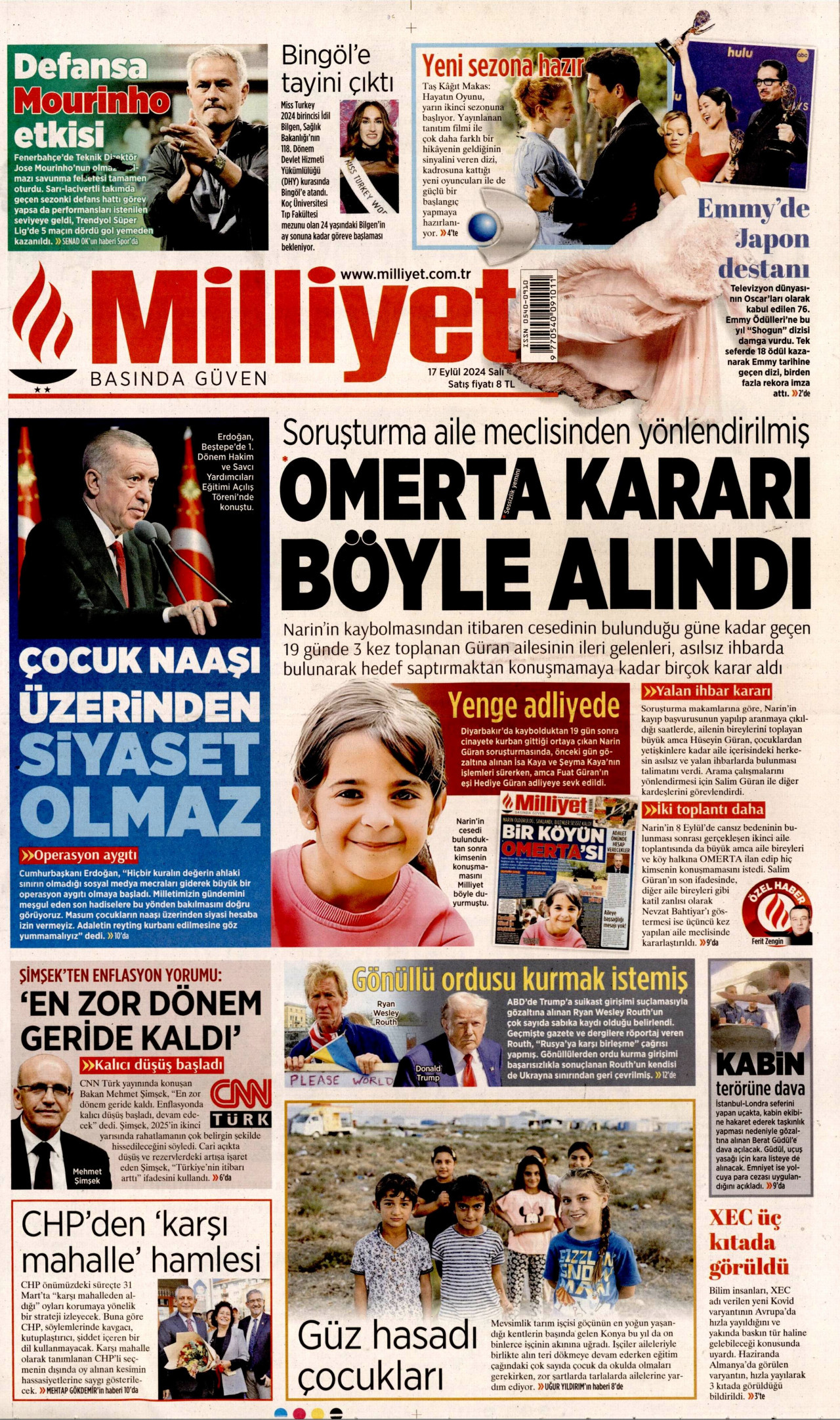 MİLLİYET gazetesinin 17 Eylül 2024 tarihli birinci sayfası