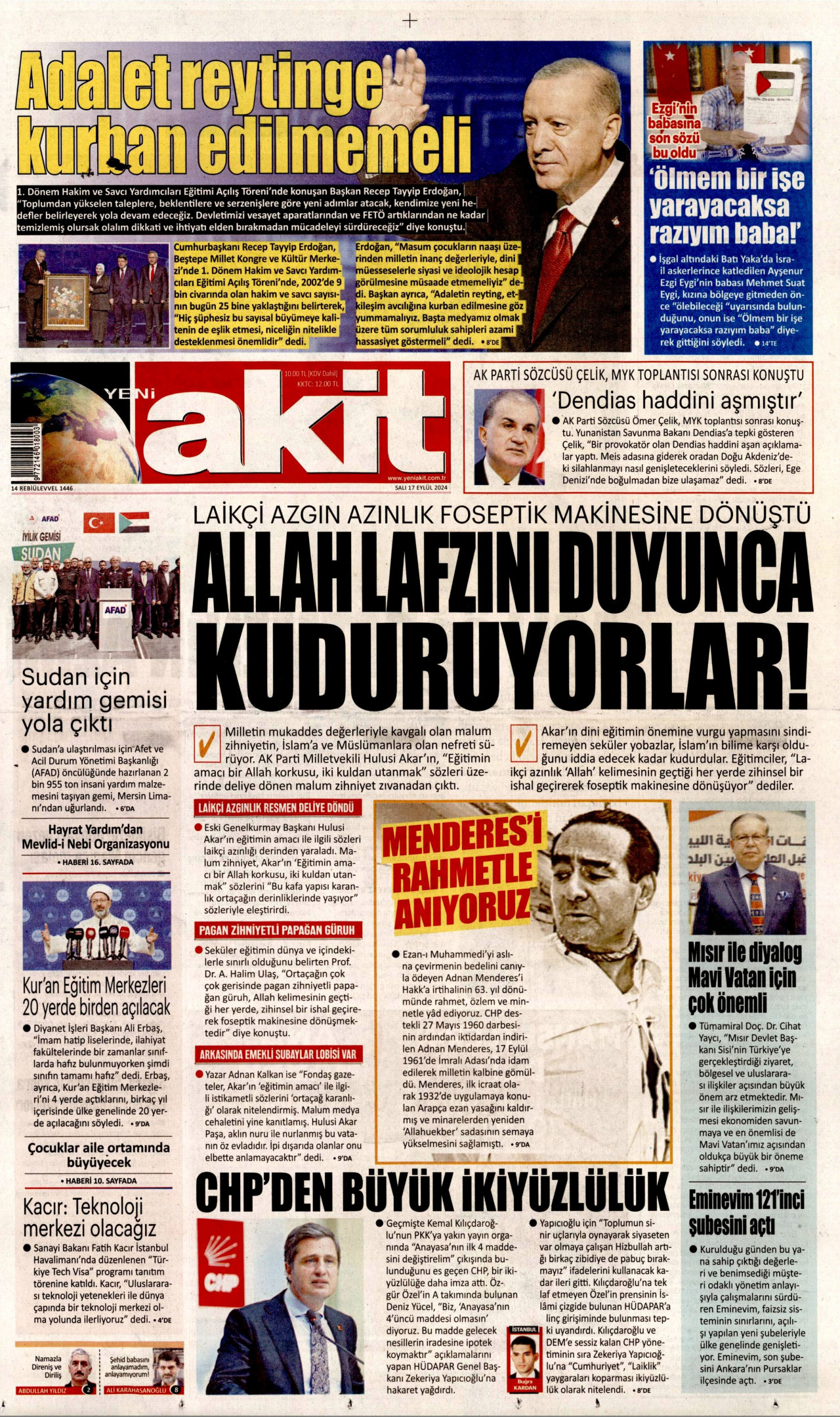 YENİ AKİT gazetesinin 17 Eylül 2024 tarihli birinci sayfası