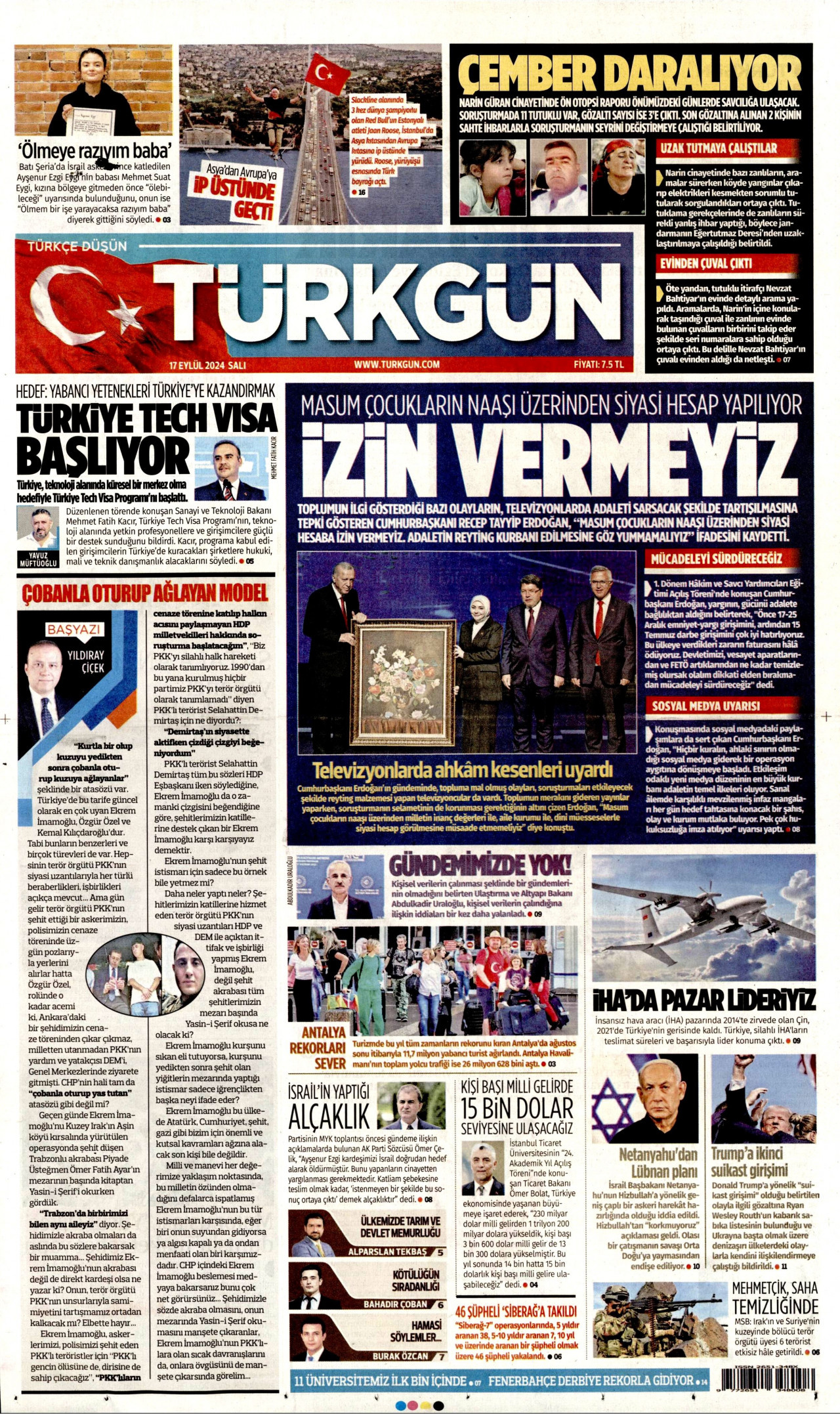 TÜRKGÜN gazetesinin 17 Eylül 2024 tarihli birinci sayfası