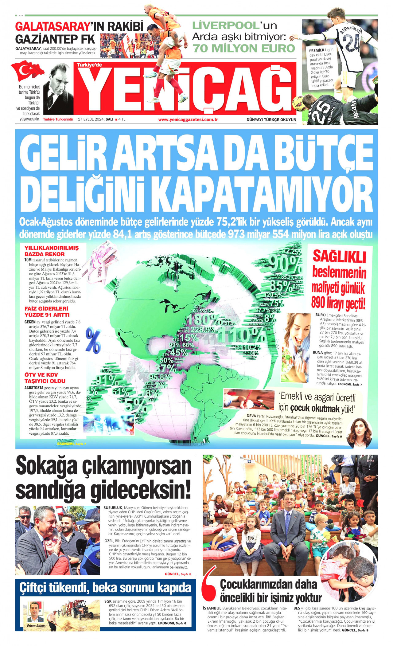 YENİÇAĞ gazetesinin 17 Eylül 2024 tarihli birinci sayfası