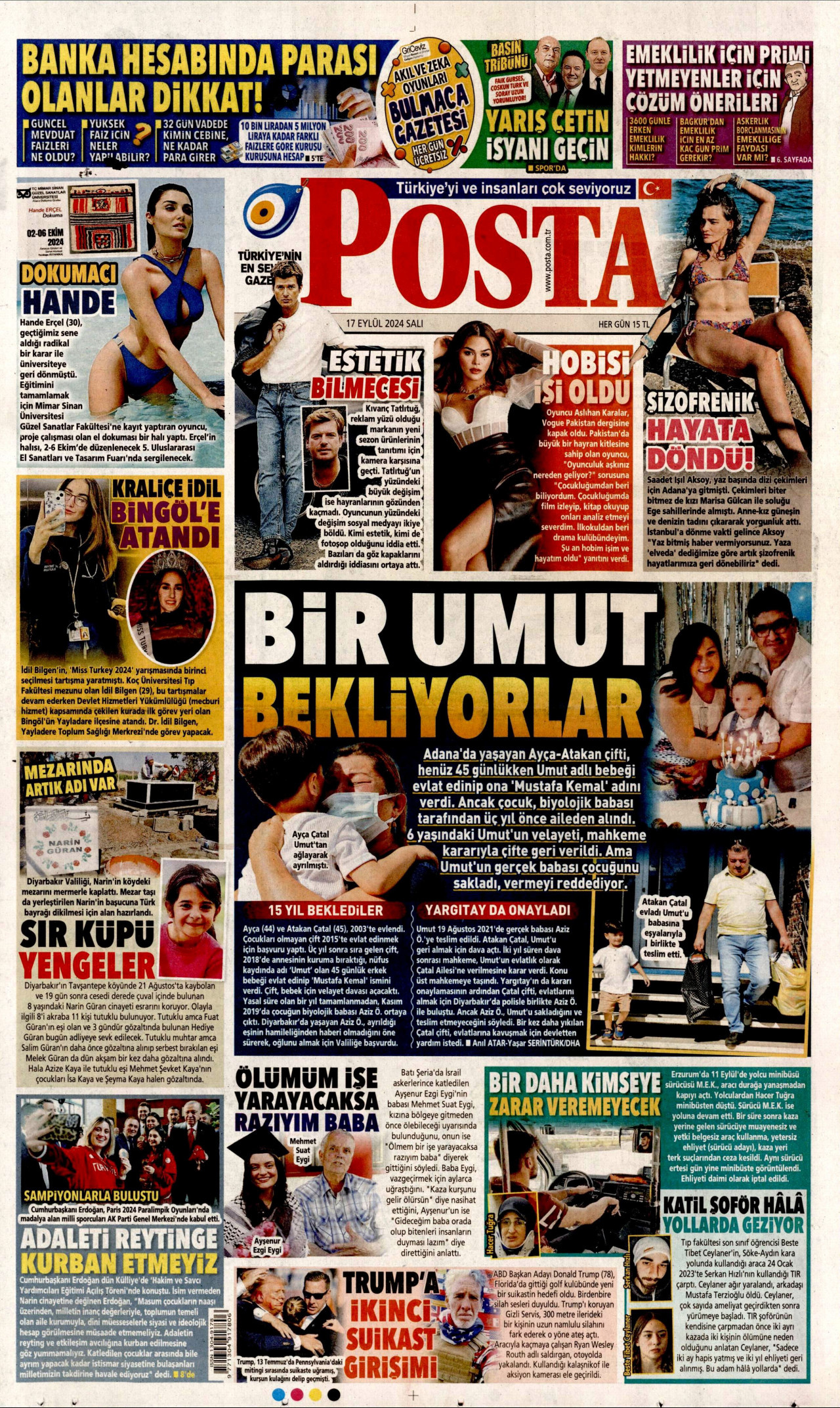 POSTA gazetesinin 17 Eylül 2024 tarihli birinci sayfası