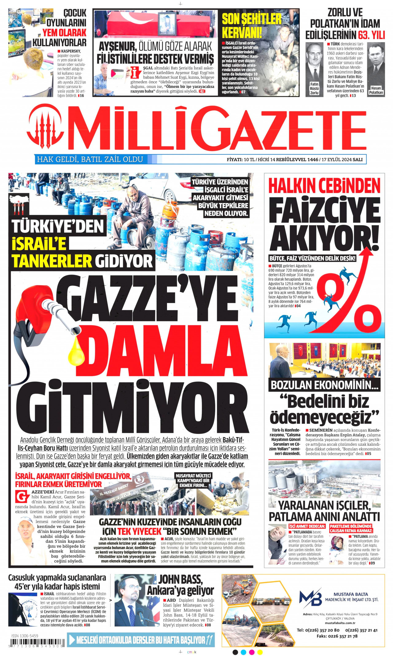 MİLLİ GAZETE gazetesinin 17 Eylül 2024 tarihli birinci sayfası