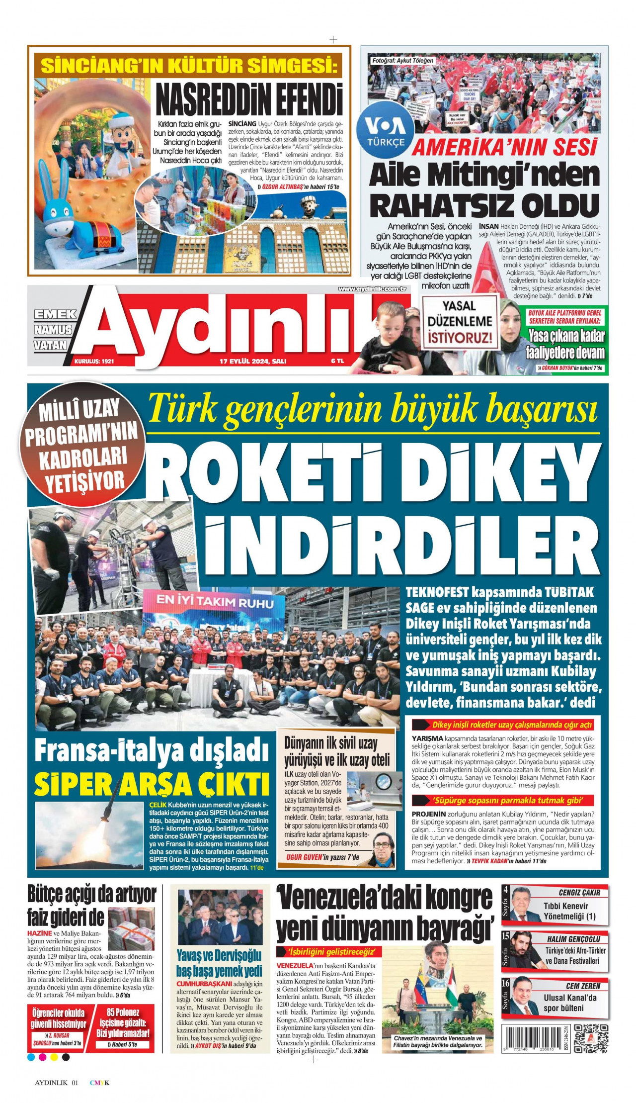 AYDINLIK GAZETESİ gazetesinin 17 Eylül 2024 tarihli birinci sayfası