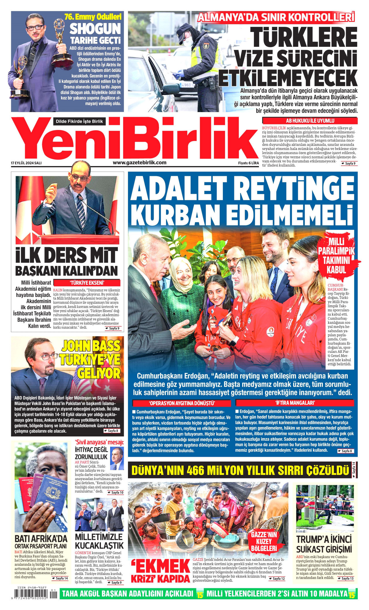 YENİBİRLİK gazetesinin 17 Eylül 2024 tarihli birinci sayfası
