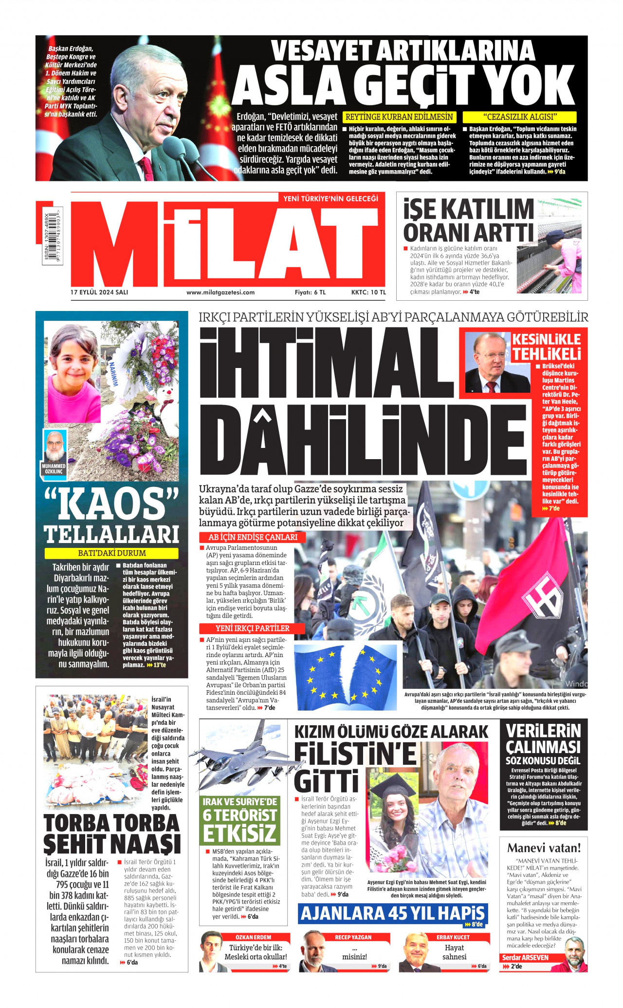 MİLAT gazetesinin 17 Eylül 2024 tarihli birinci sayfası