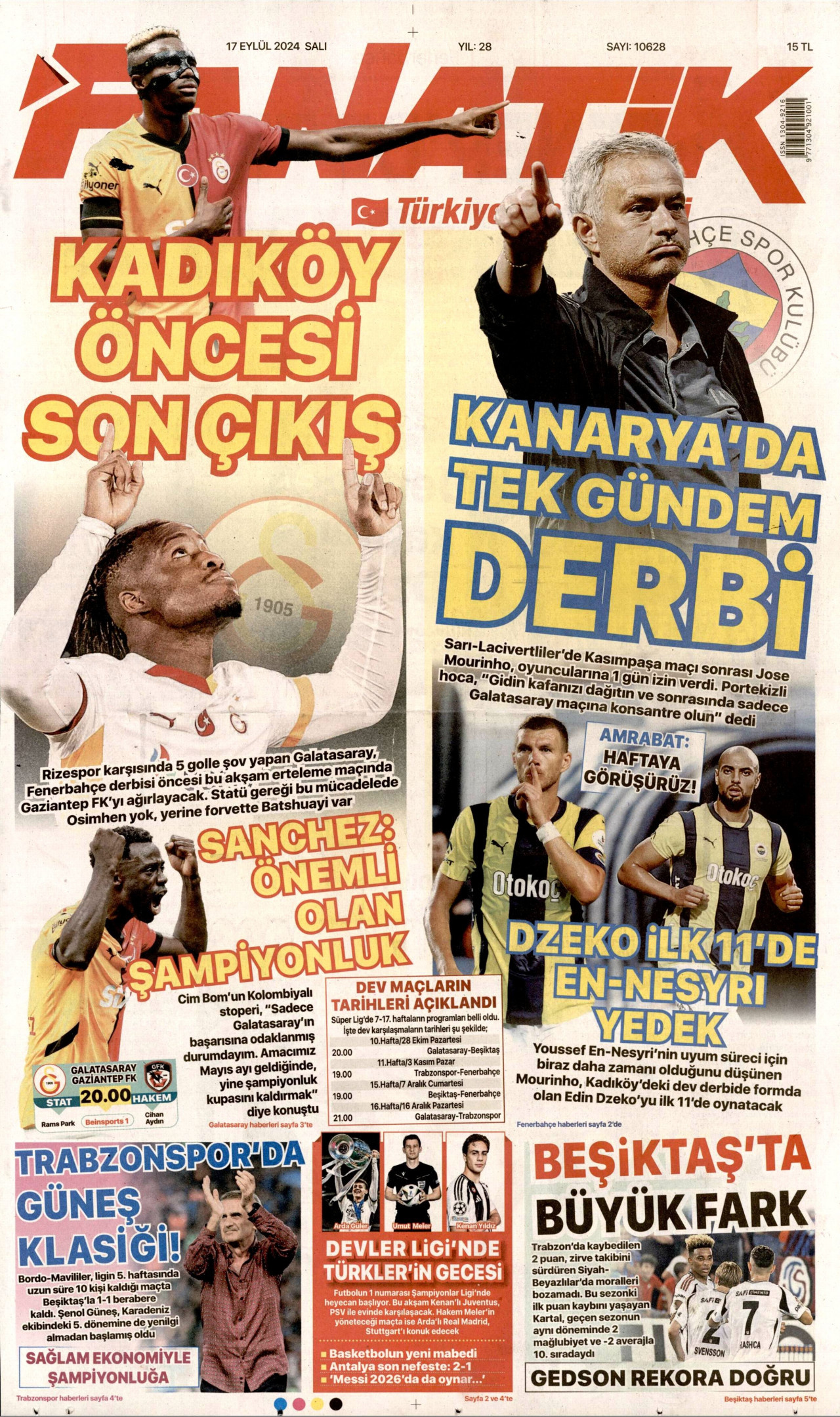 FANATİK gazetesinin 17 Eylül 2024 tarihli birinci sayfası