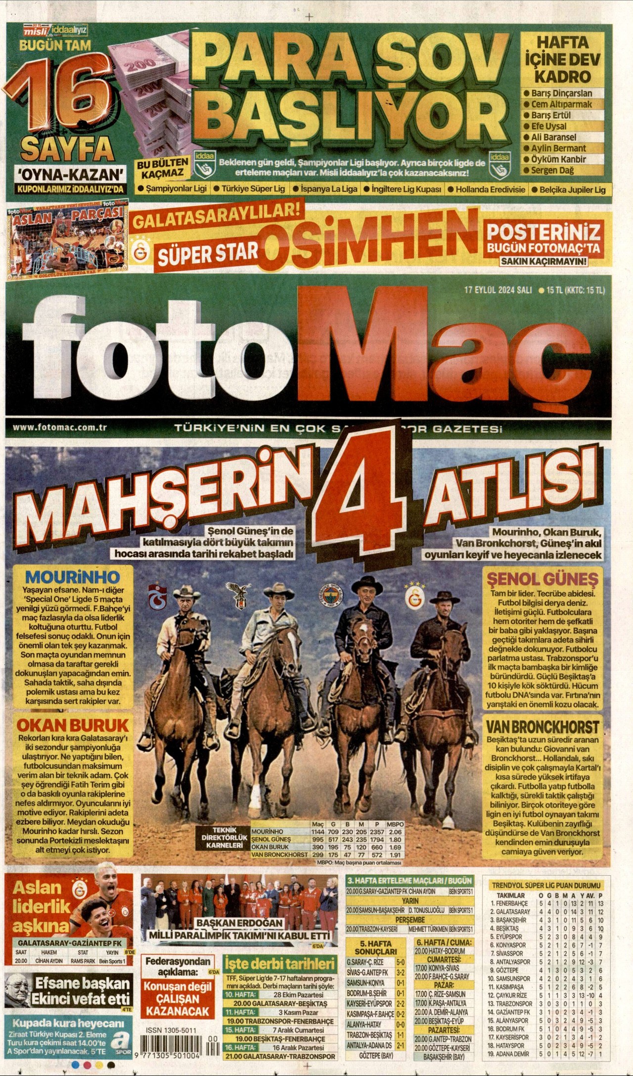 FOTOMAÇ gazetesinin 17 Eylül 2024 tarihli birinci sayfası