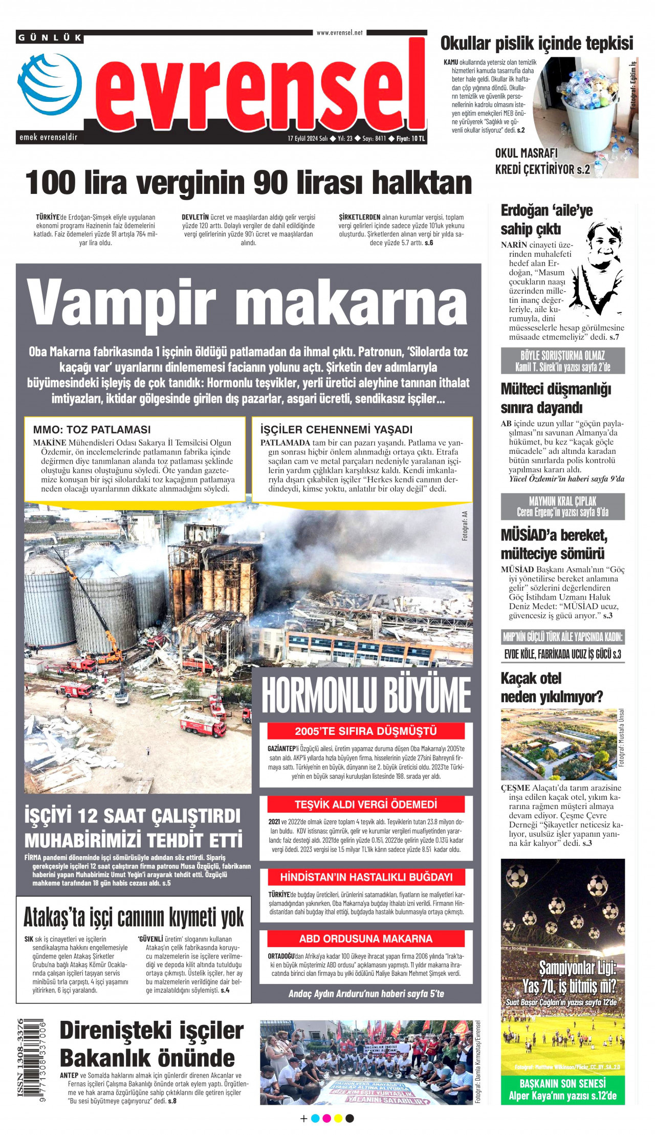EVRENSEL gazetesinin 17 Eylül 2024 tarihli birinci sayfası