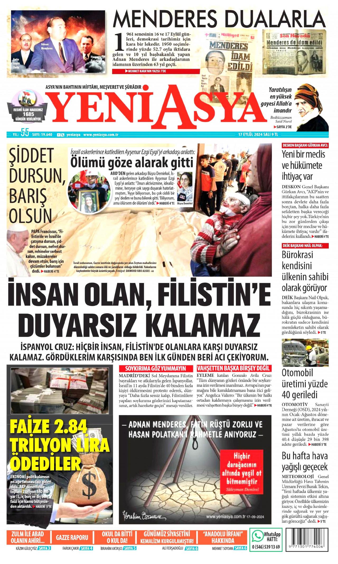 YENİ ASYA gazetesinin 17 Eylül 2024 tarihli birinci sayfası