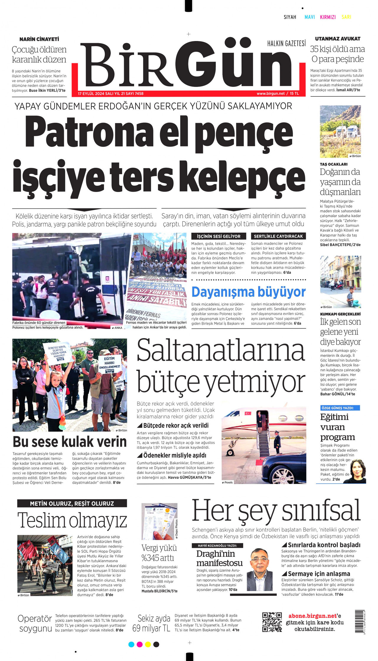BİRGÜN gazetesinin 17 Eylül 2024 tarihli birinci sayfası