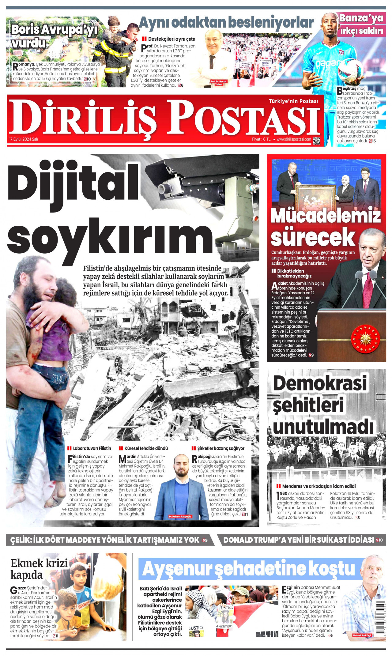 DİRİLİŞ POSTASI gazetesinin 17 Eylül 2024 tarihli birinci sayfası