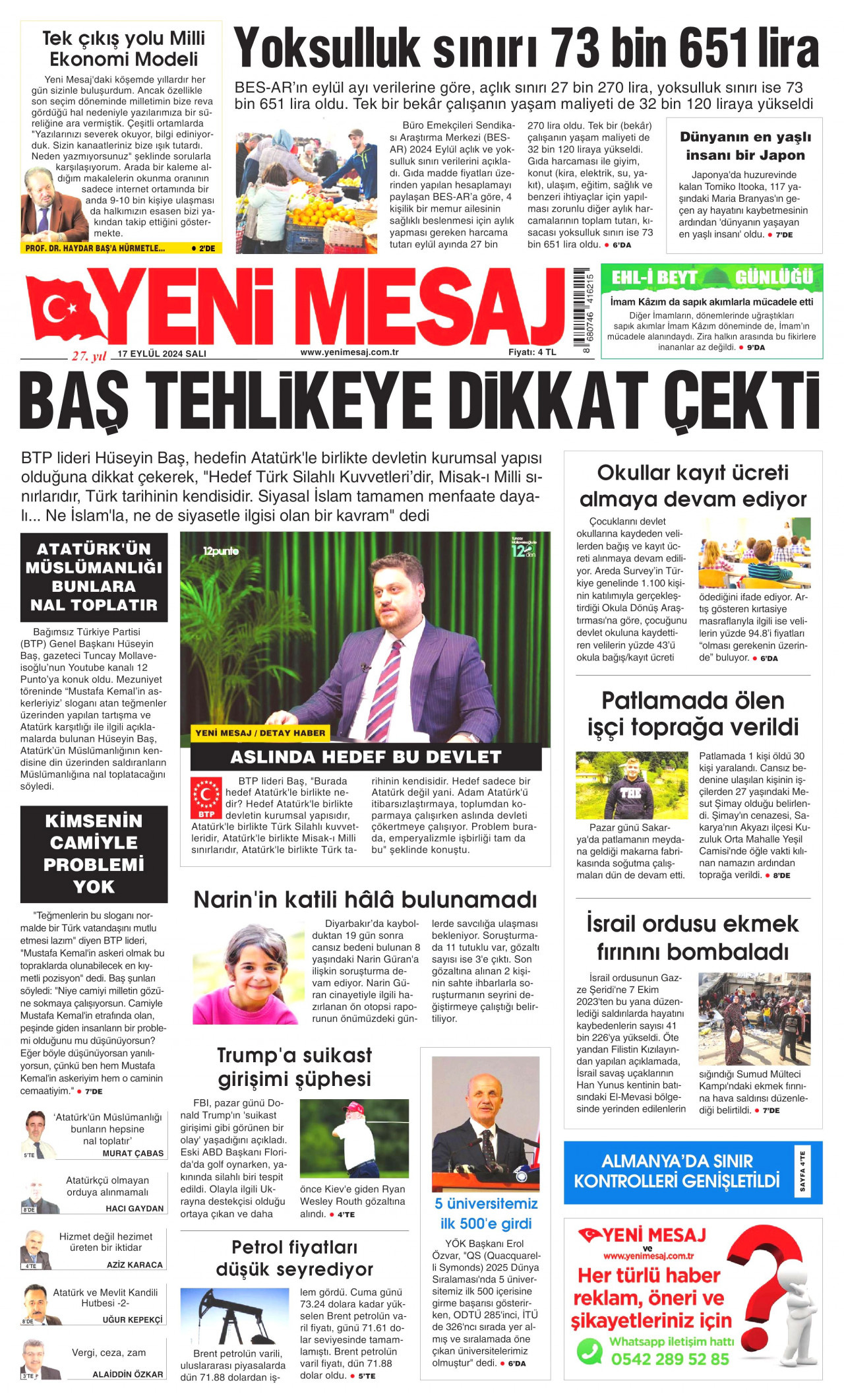 YENİ MESAJ gazetesinin 17 Eylül 2024 tarihli birinci sayfası