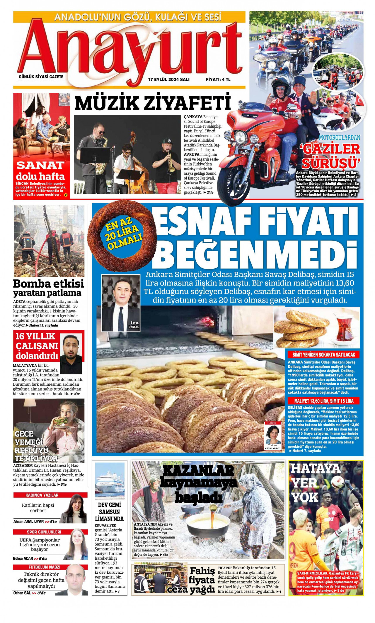 ANAYURT gazetesinin 17 Eylül 2024 tarihli birinci sayfası