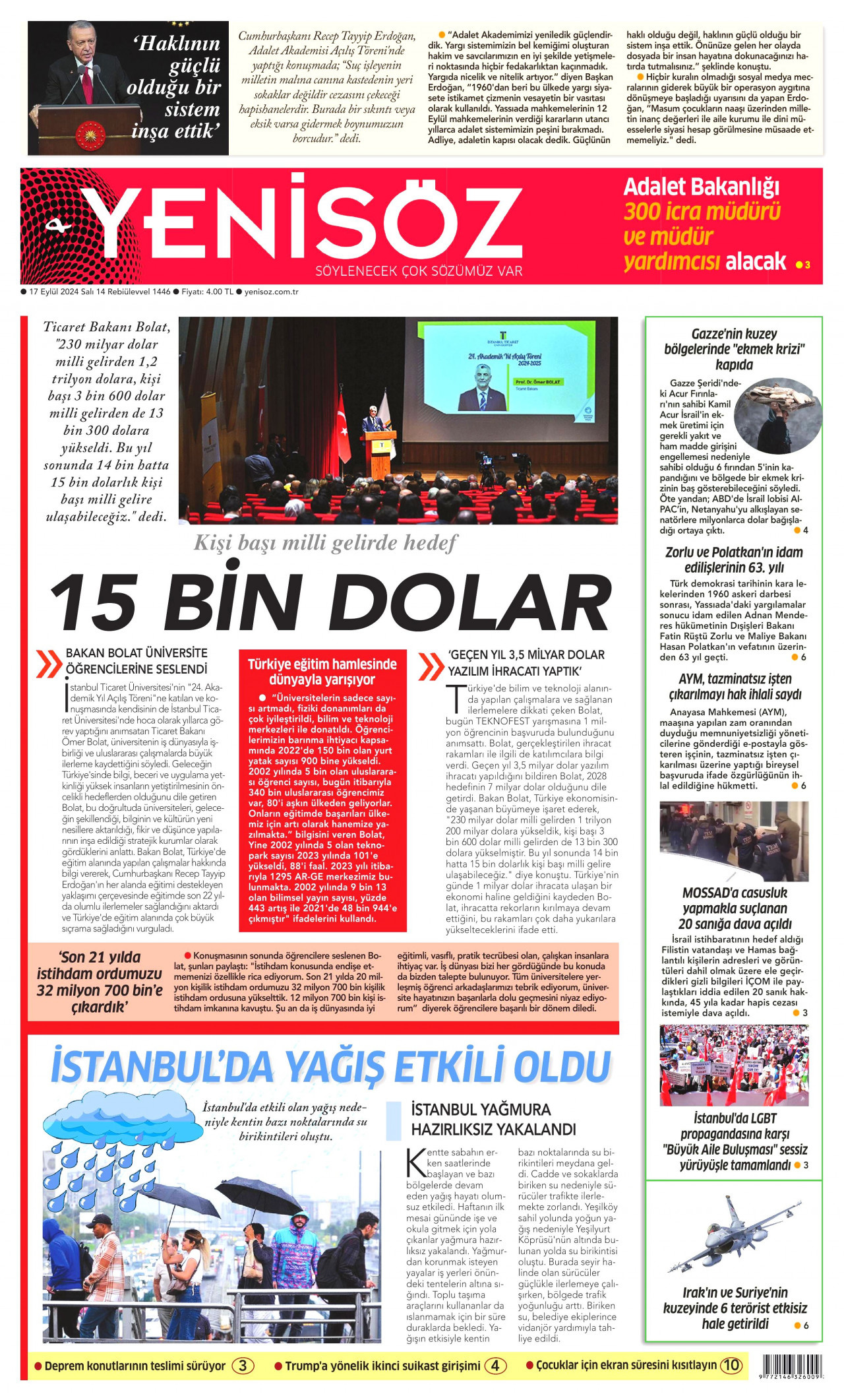 YENİ SÖZ GAZETESİ gazetesinin 17 Eylül 2024 tarihli birinci sayfası