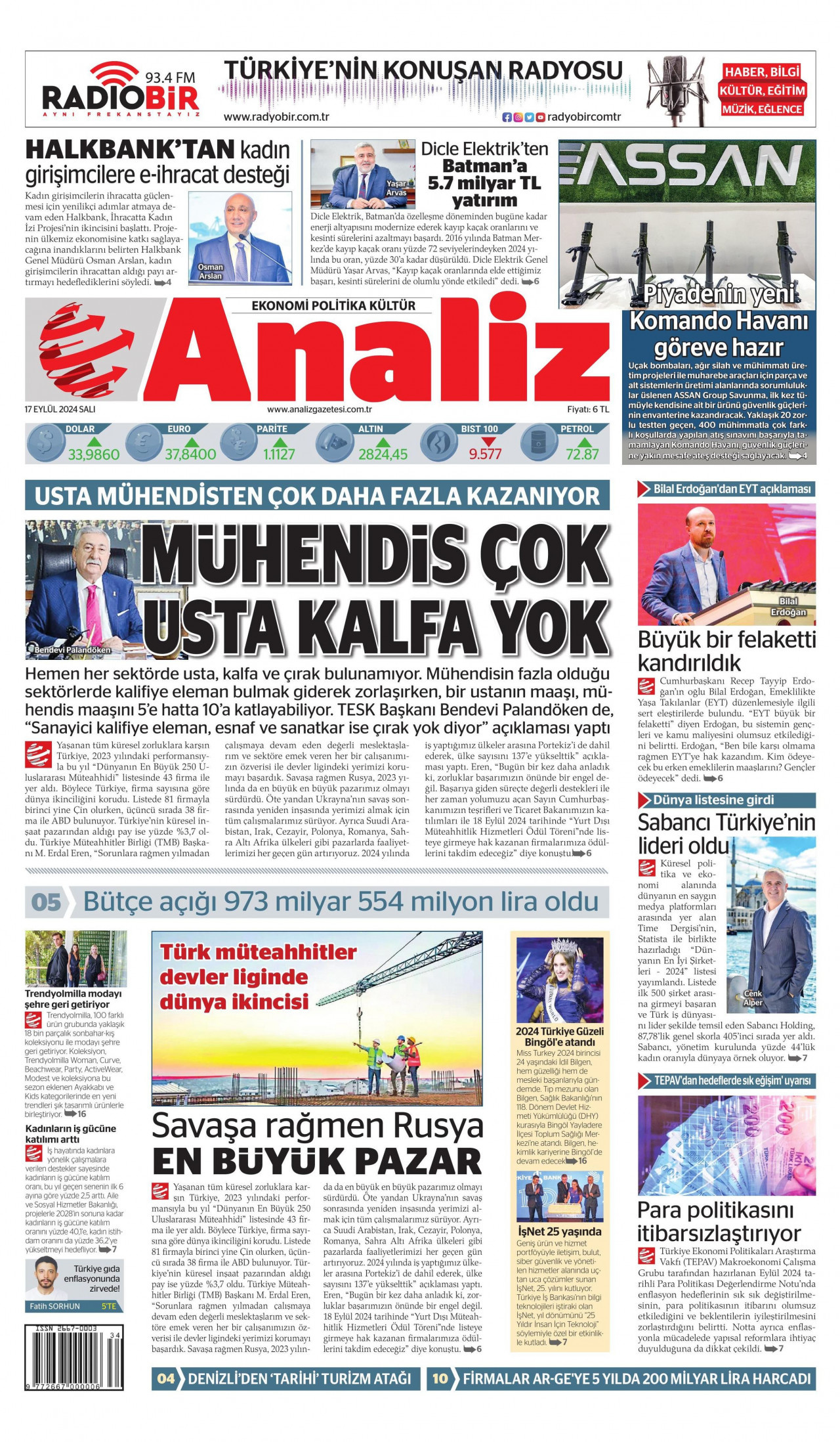 ANALİZ gazetesinin 17 Eylül 2024 tarihli birinci sayfası