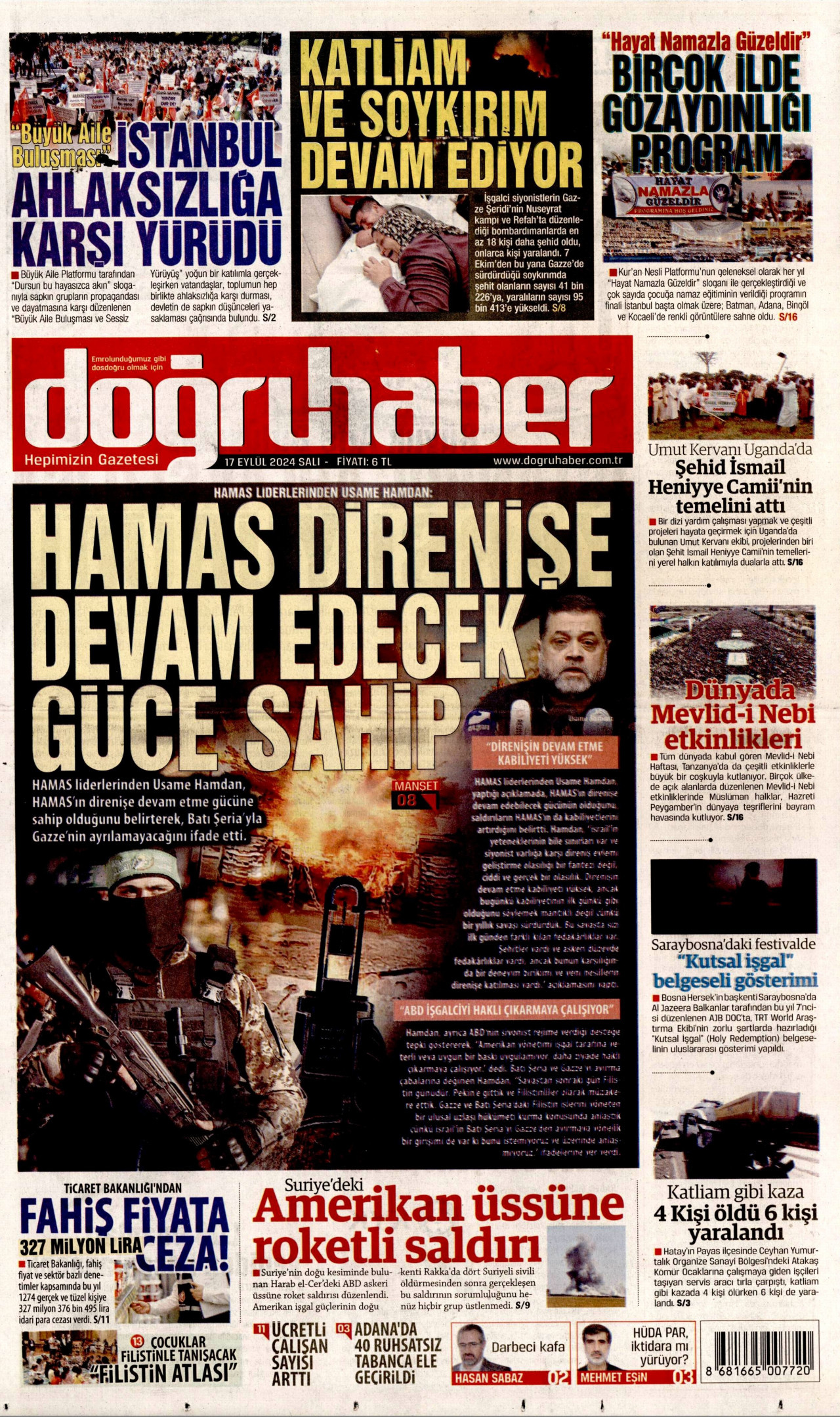 DOĞRU HABER gazetesinin 17 Eylül 2024 tarihli birinci sayfası