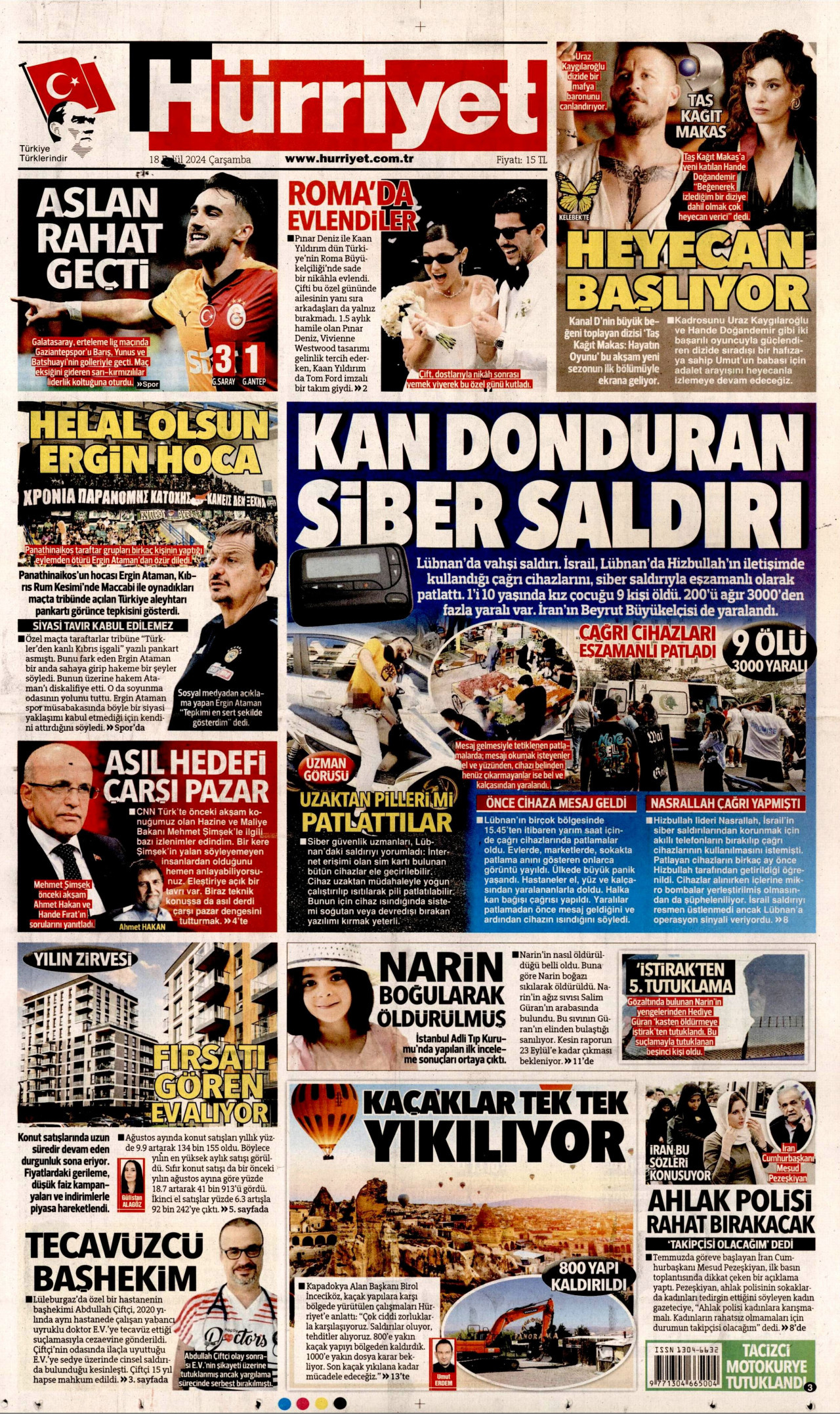HÜRRİYET gazetesinin 18 Eylül 2024 tarihli birinci sayfası