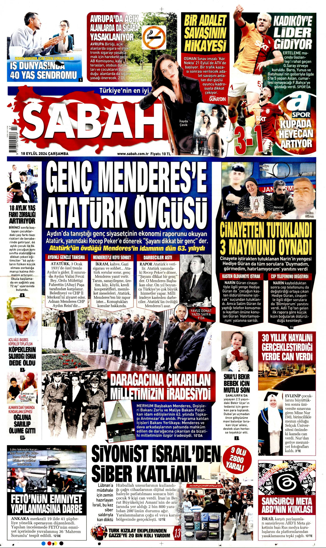 SABAH gazetesinin 18 Eylül 2024 tarihli birinci sayfası